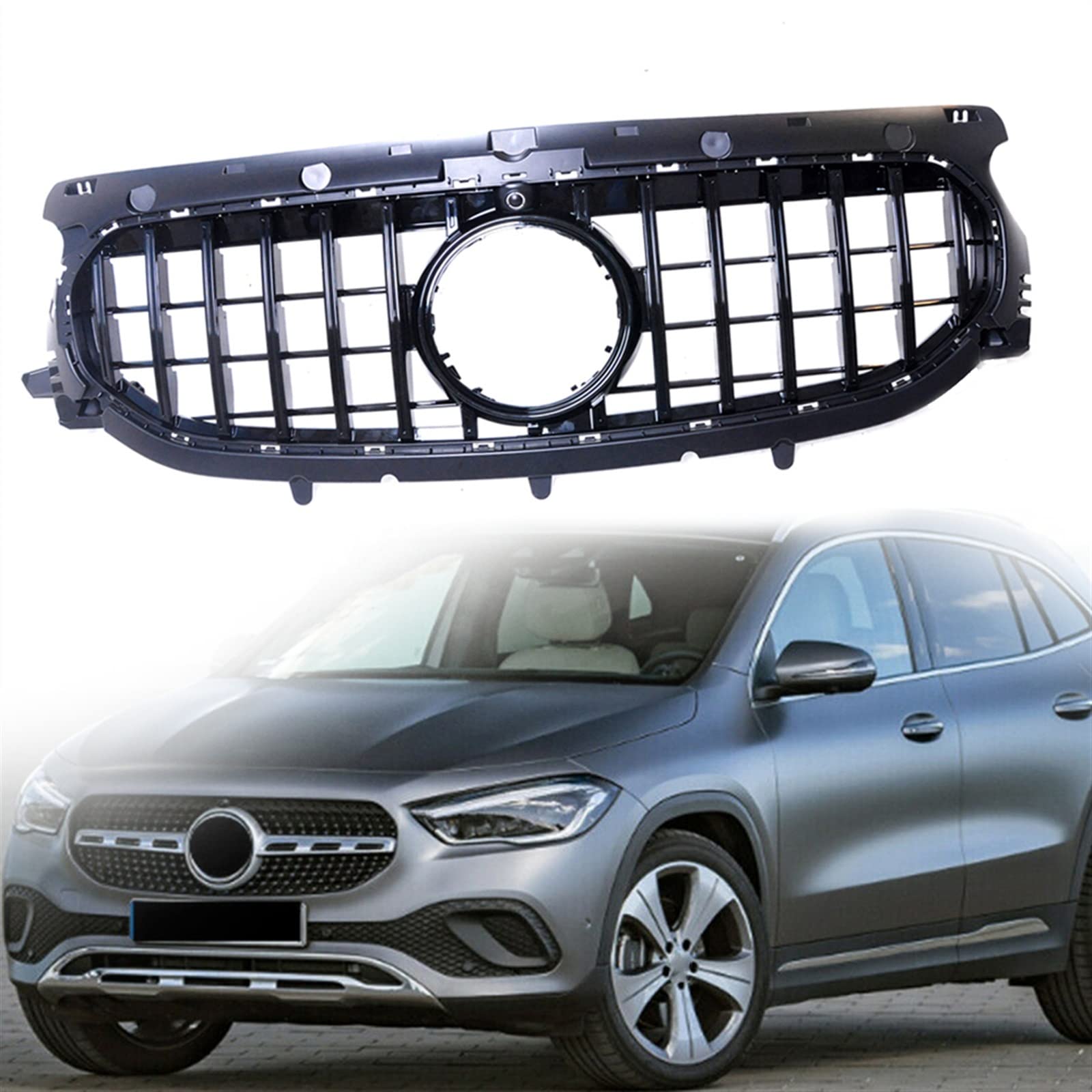 Parrillas Carreras Rejilla Delantera Coche Estilo GT para Benz GLA Clase GLA220 2020 2021 Rejilla De Malla De Capó De Parachoques Superior De Coche Negro Brillante Coche Accesorios