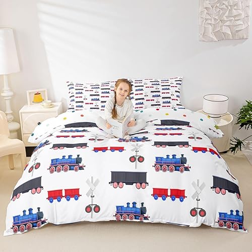 Miniatura 2 de Erosebridal Juego de funda de edredón de tren de dibujos animados para niños, color rojo y azul, funda de edredón de vehículos para niños, Color