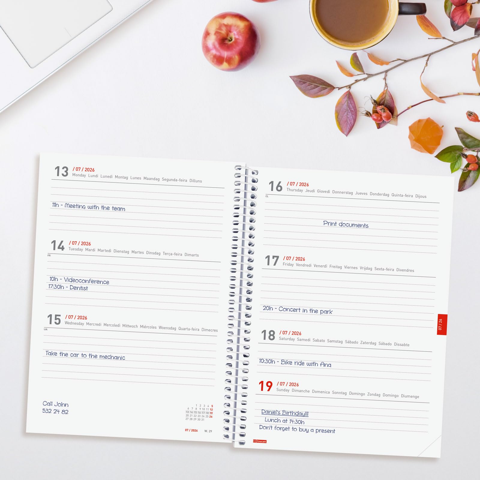 Finocam Espiral Weekly Planner 18-Month | Weekly View Horizontal Layout · July 2026 to December 2027 | Pretty · International - Week-to-view diary