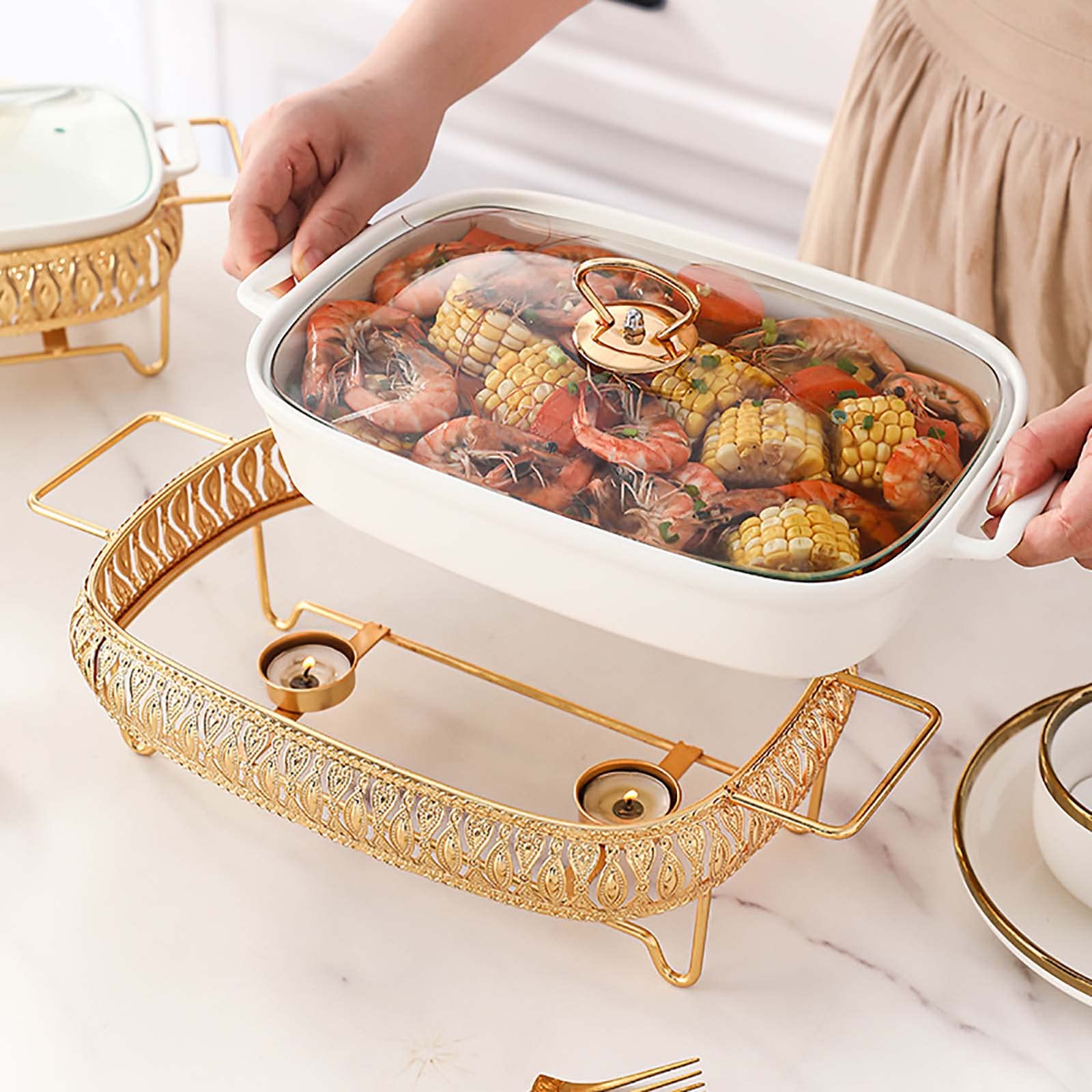 Chafing Dish in Ceramica Bianca, Scaldavivande Premium con Coperchio in Vetro, Server a Buffet Rettangolo/Ovale per Catering, Buffet e Feste,A,S