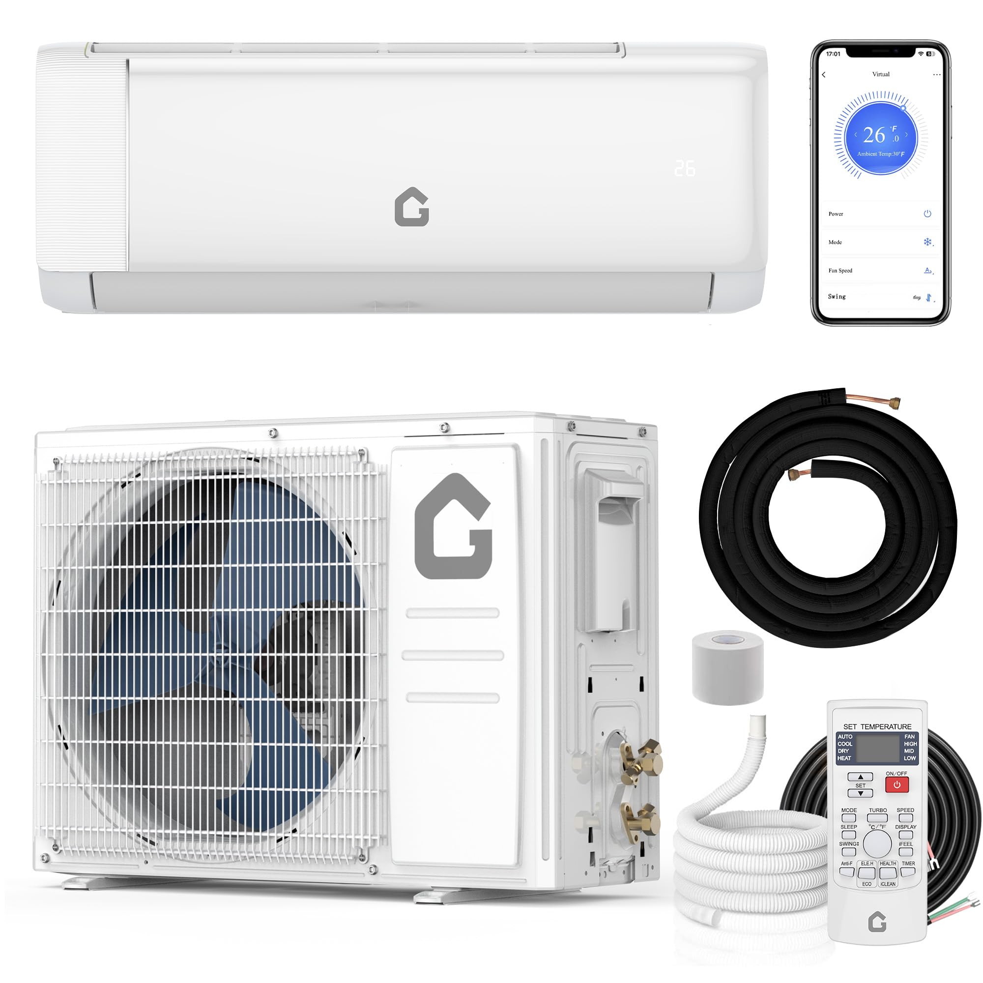 Aire acondicionado minisplit de 12 000 BTU con eficiencia de 22 SEER2, 750 pies cuadrados, refrigeración, calefacción, certificación Energy Star, tecnología Smart Inverter, compatible con Alexa, control WiFi, kit de instalación profesional incluido.