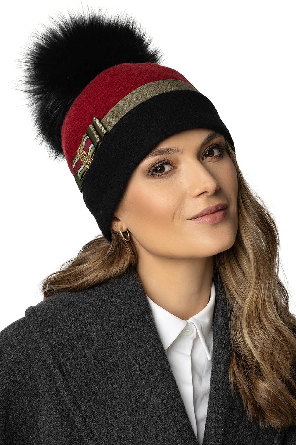 Vivisence Gorro De Las Mujeres Otoño Invierno De Lana Virgen Hecho A Mano con Pompón Extraíble Lazo Decorado con Circonitas Doradas Forro Polar Cálido Y Detalles Bordados A Mano Enviados En Caja 7082