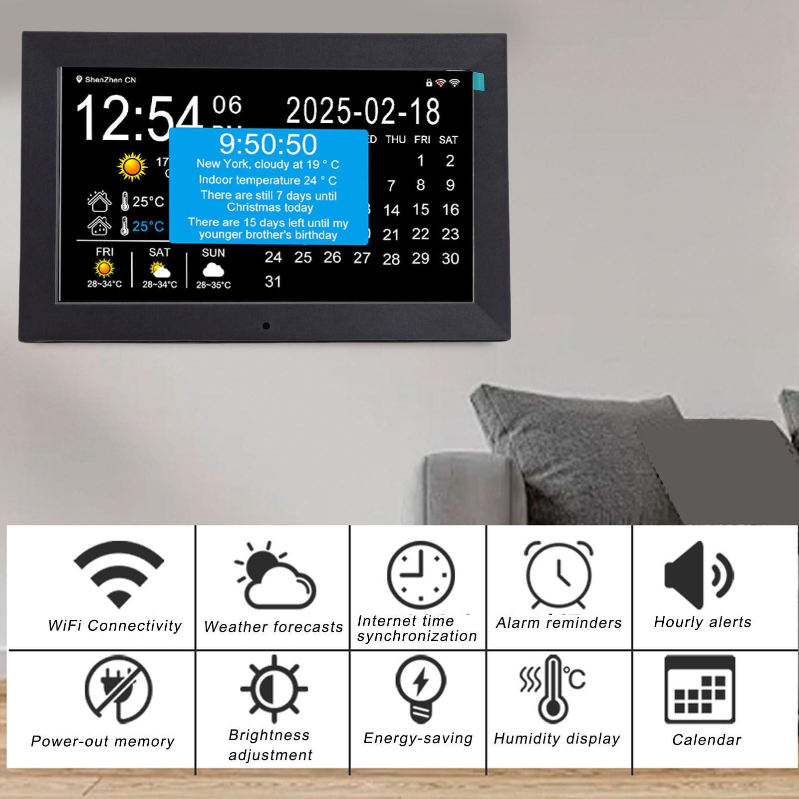 Reloj Digital Inteligente WiFi de 10 Pulgadas, Pantalla Grande con Clima en Tiempo Real, Temperatura Interior y Exterior, Humedad, Recordatorio de Medicamentos, Lectura (Enchufe Europeo)