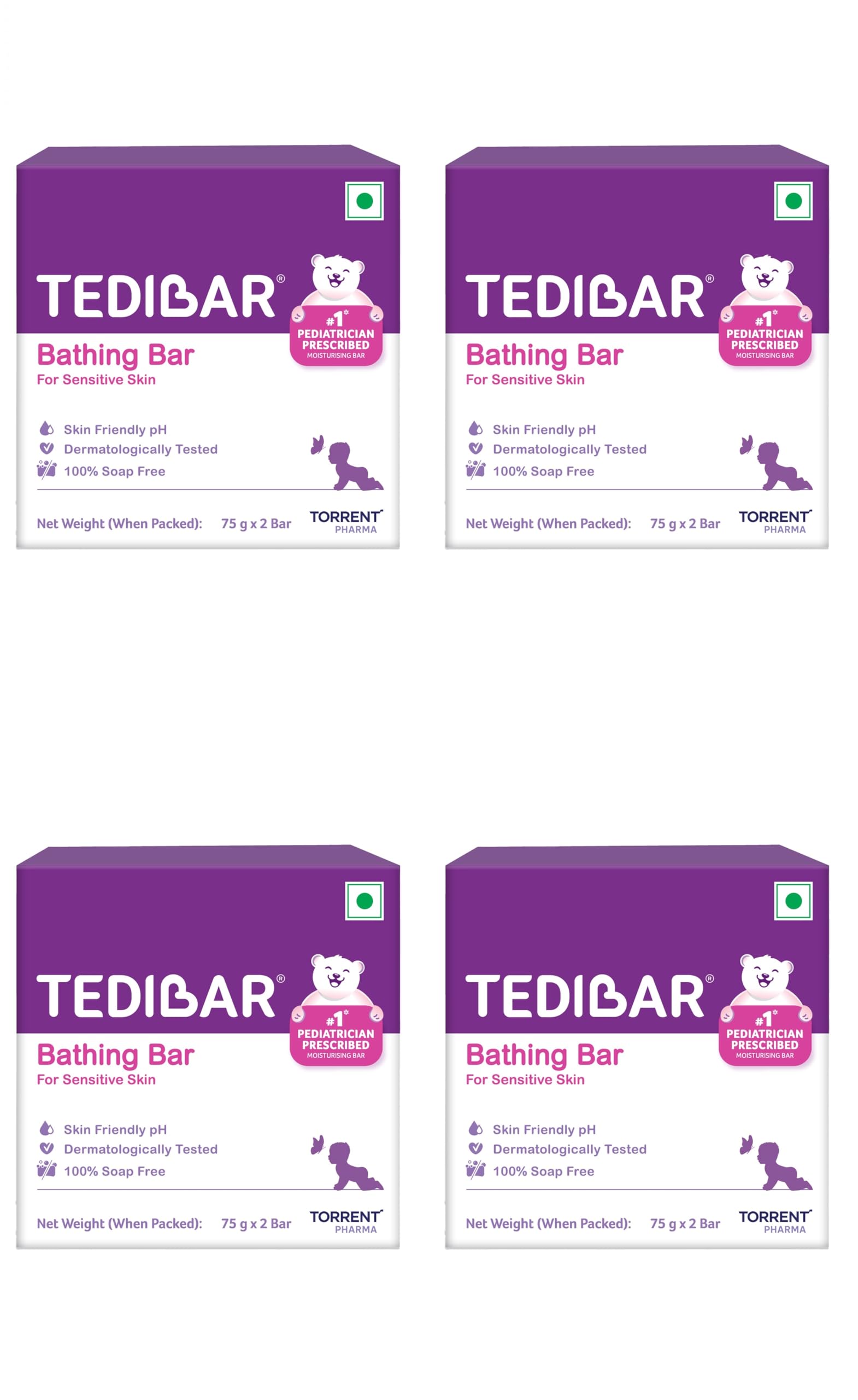Tedibar Moisturising Baby Bathing Bar each (75gx2) with Skin Friendly PH|100% Soap Free|Dermatologically Tested x Pack of 4