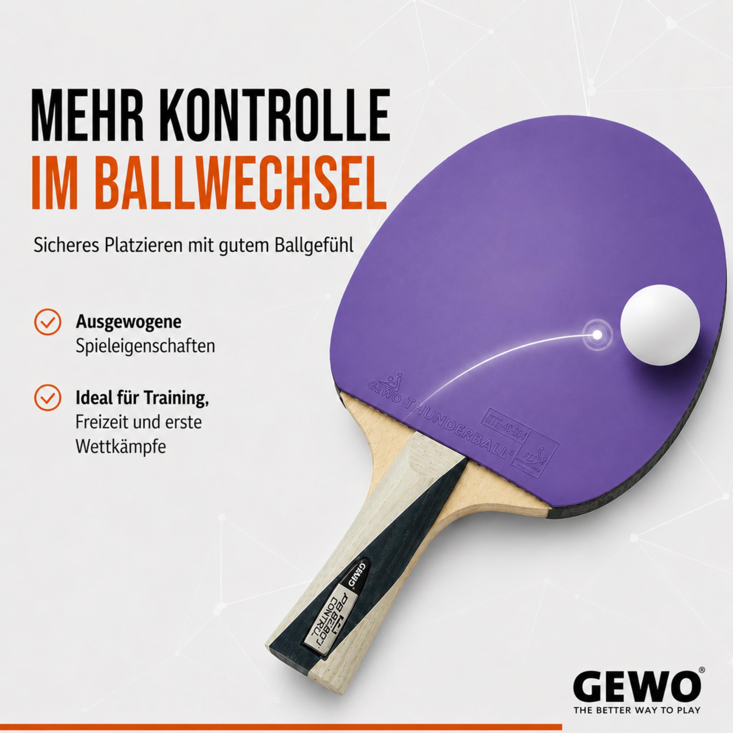 GEWO PS Blast Control - Raqueta de Ping Pong de Mesa Profesional aprobada por la ITTF con Revestimiento Thunderball 2 controlado y Altas propiedades de rotación, cóncava, Esponja de 1,8 mm