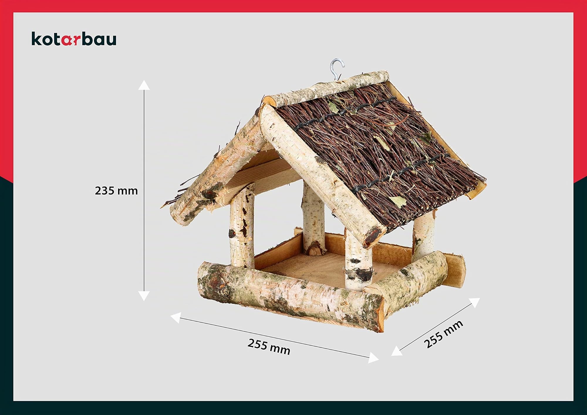 KOTARBAU® Mangeoire Oiseaux Extérieur - Bois De Bouleau - 25,5x25,5x23,5 cm - Marron - Mangeoire À Suspendre - pour Jardin Terrasse - Sécurisée - Naturelle