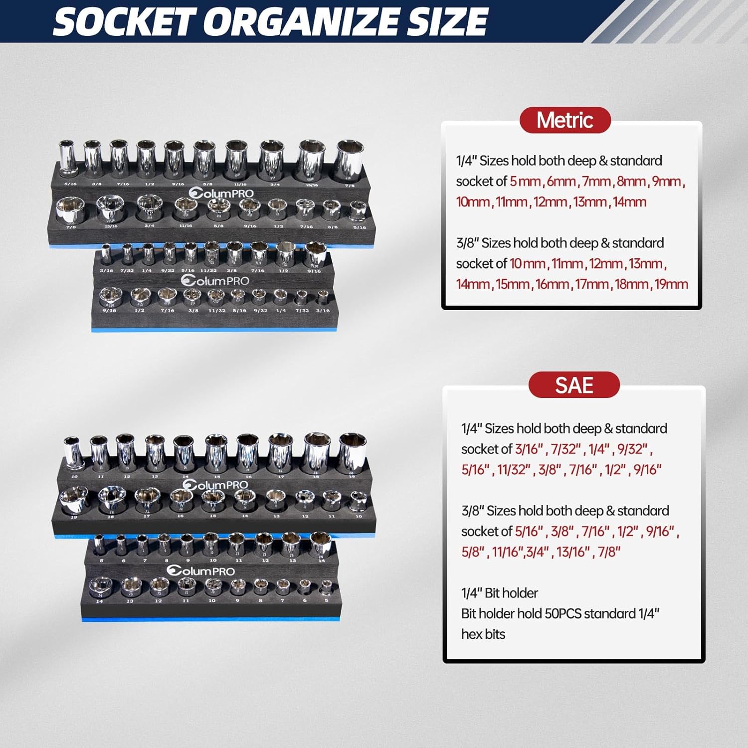 Foam Socket Organizer for Tool Box Drawer,Sockets Holder for Both 3/8&1/4” Square Drive Deep&Standard Sockets (Metric&SAE),and 1/4” Hex Bit Holder Organizer for 50 Bits,tool organizer trays