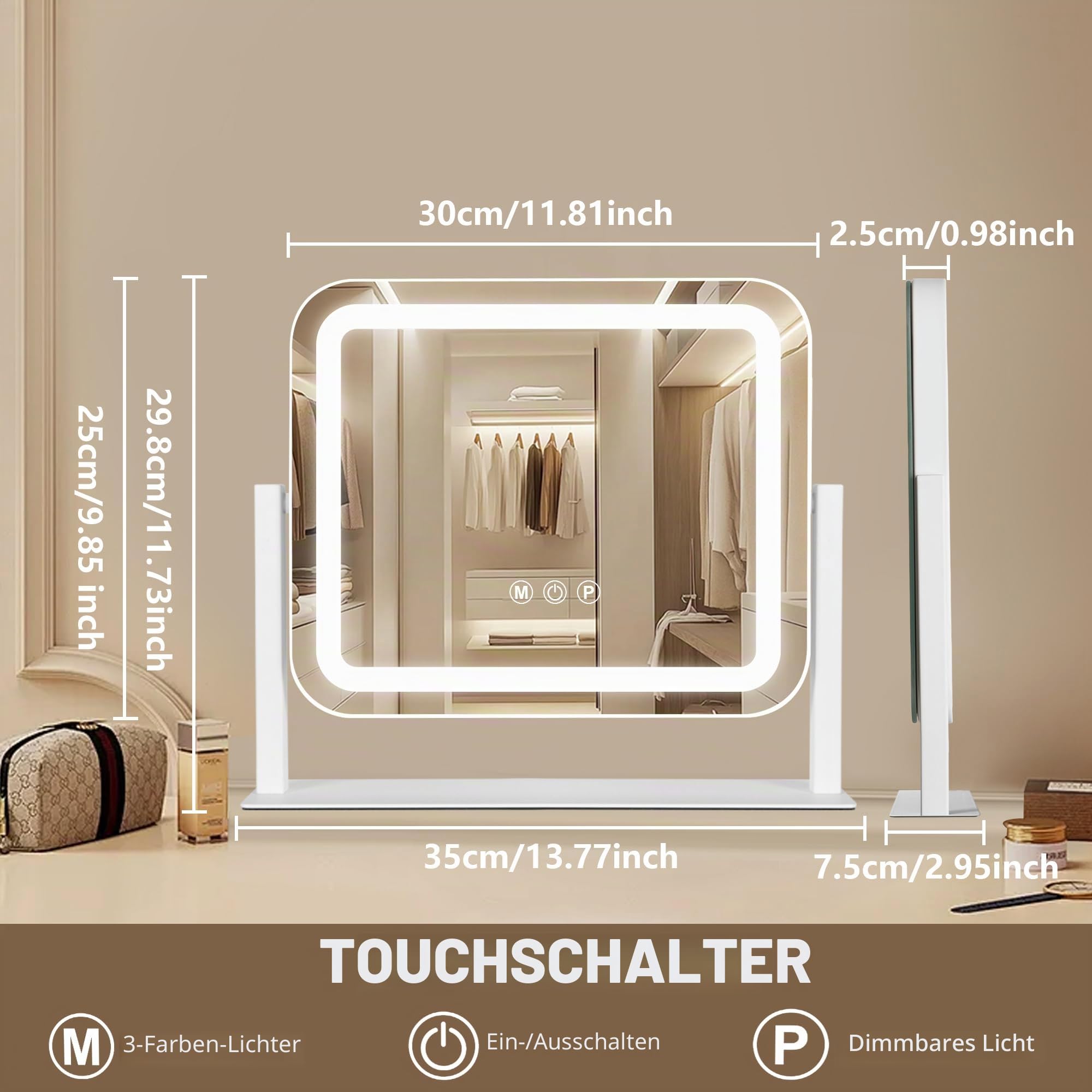 Ratsamee Schminkspiegel Mit Beleuchtung, 35 x 30 cm Spiegel mit 3 Farblich Dimmbaren Licht, intelligente Touchscreen-Steuerung, 360° Drehbar, 14" × 12" Weiß