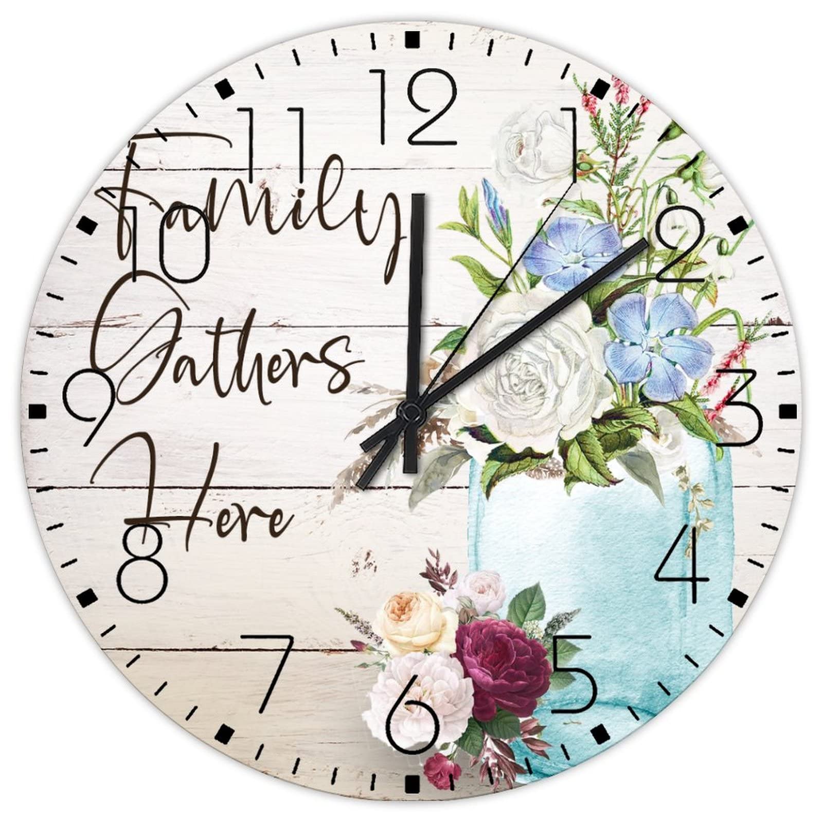 Horloge murale silencieuse sans tic-tac en bois à motif floral