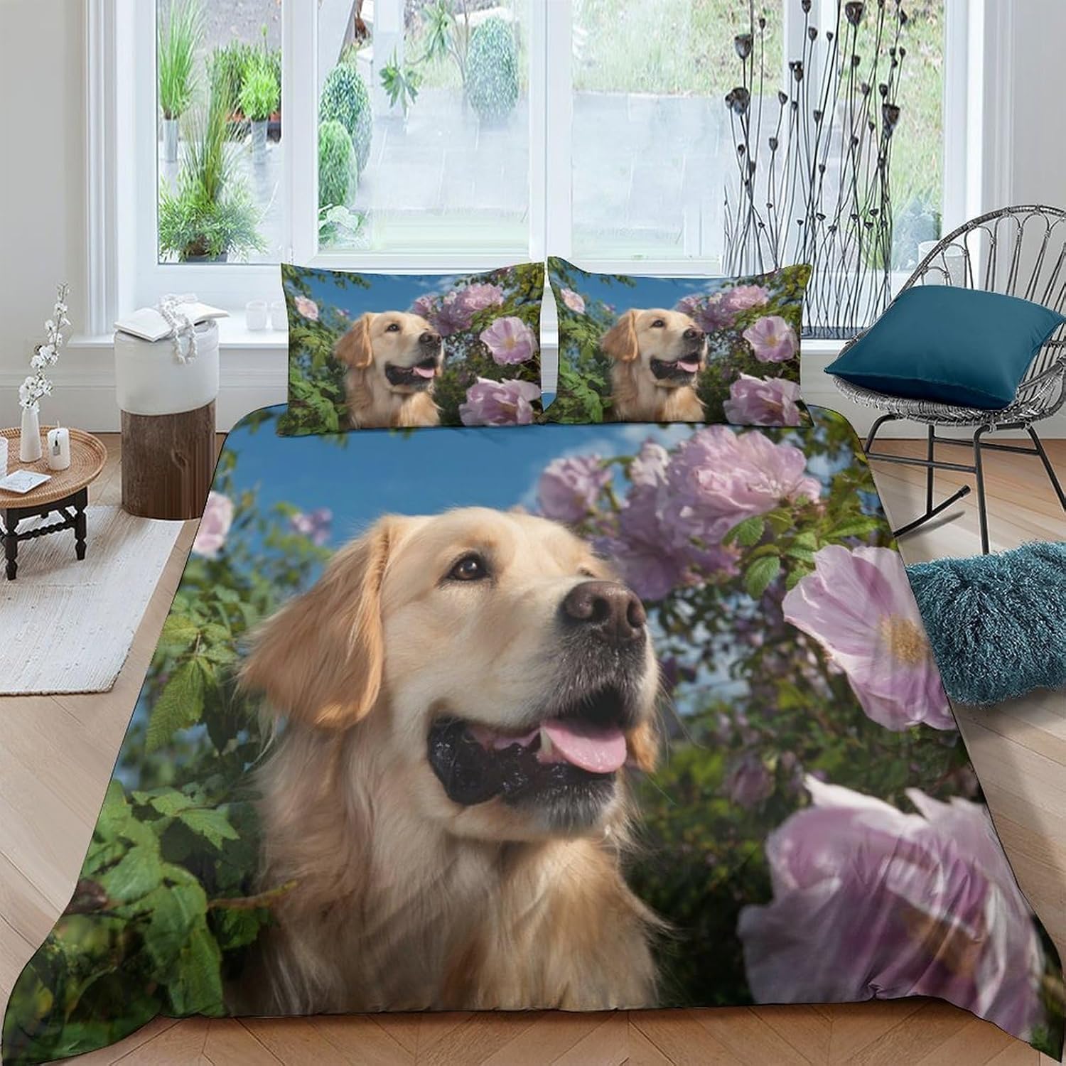 Funda Nórdica Cama 135/150 Golden Retriever Impresión 3D Microfibra Suave Ropa de Cama Animales y Mascotas Adorables Funda Edredon 220x240 cm con Cremallera y 2 Fundas de Almohada 50x75 cm k.7405