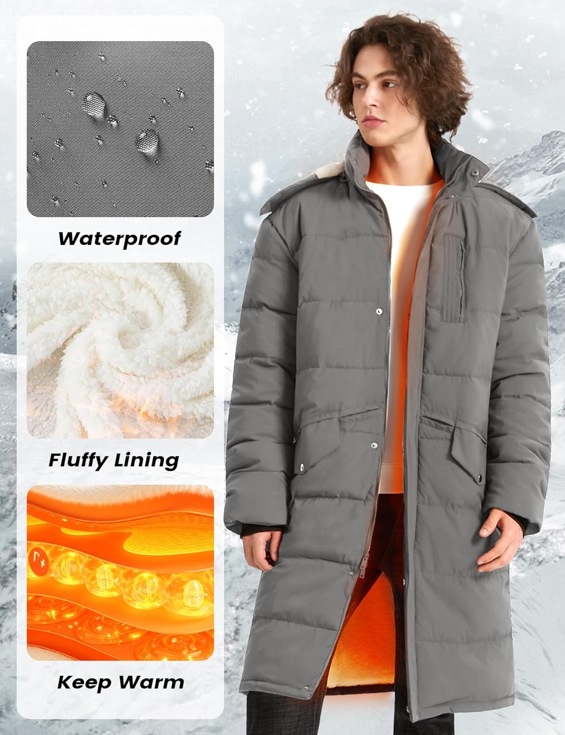 Wyeysyt Men's Long Puffer Jacket Winter Fleece Coats Warm Hooded Water Resistant Puffy Thicken Jacket - Image 4