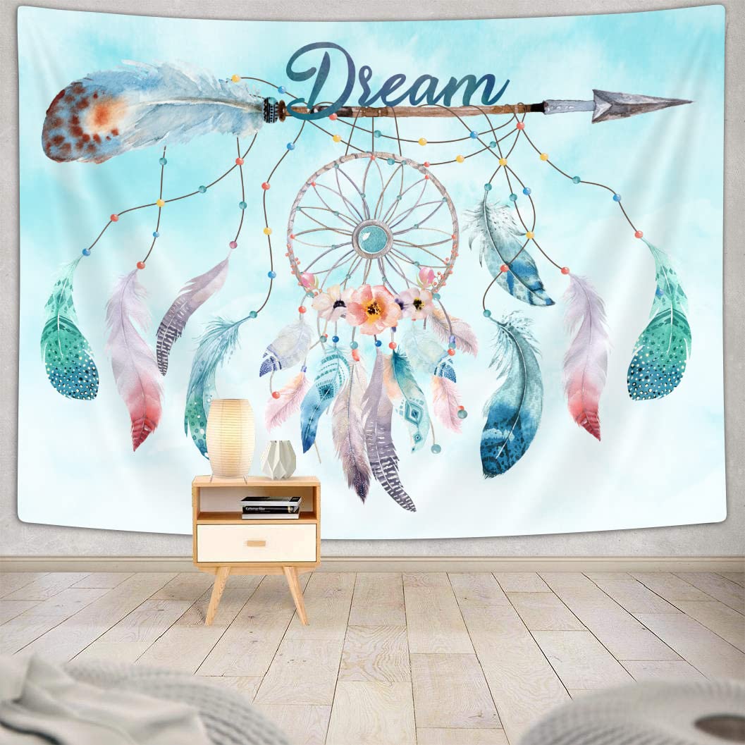 Dream Catcher Feather Small Tapestry, Native American Arrow Dreamcatcher Tapestry Wall Hanging for Teen Girl Bedroom, Blue Teal Bohemian Tapestries
