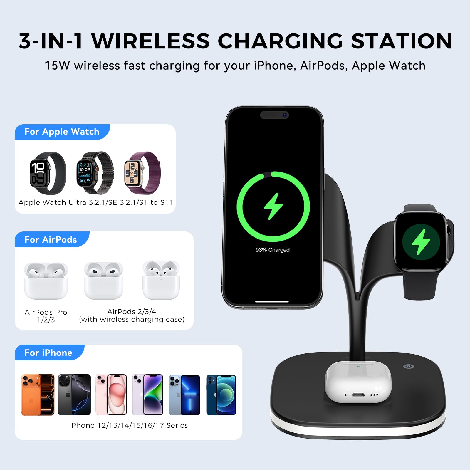 HJCE Bezprzewodowa ładowarka, 20W stacja ładująca 3 w 1 do Apple składana, indukcyjna do iPhone 17e Air 17 16 15 14 13 12, Apple Watch 11/10/9/8/7/6/5/4/3/2/SE/Ultra, AirPods Pro/3/2