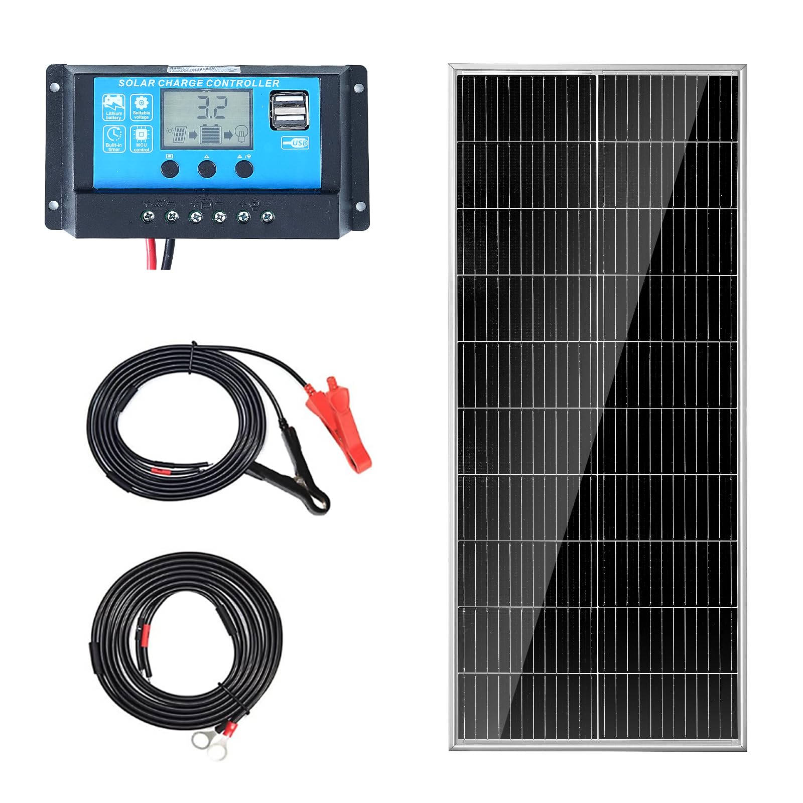 VEVOR 100W Monocrystalline Solar Panel Kit, 12V Monocrystalline Solar Panel + Charge Controller, 23% High-Efficiency Monocrystalline PV Module, IP68 Waterproof for RV, Boats, Camping, Off-Grid System