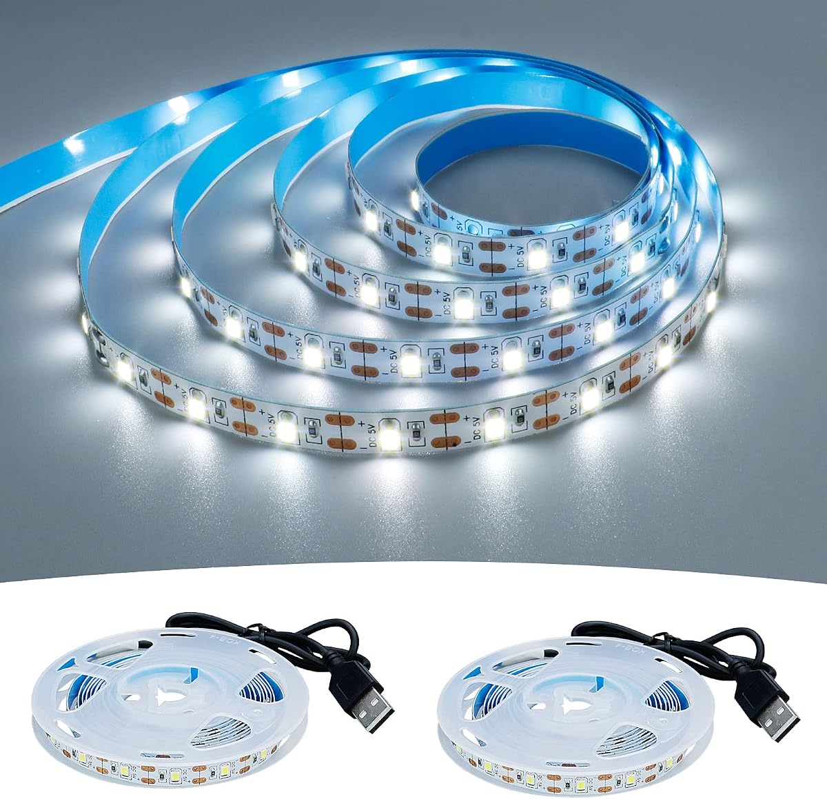 USB LED Strip Cool White 6000K 5V USB Powered 13.12ft/4M(2pcs x 6.6ft) | 240LEDs Flexible SMD2835 High Brightness No-Waterproof IP20 LED Tape Lights