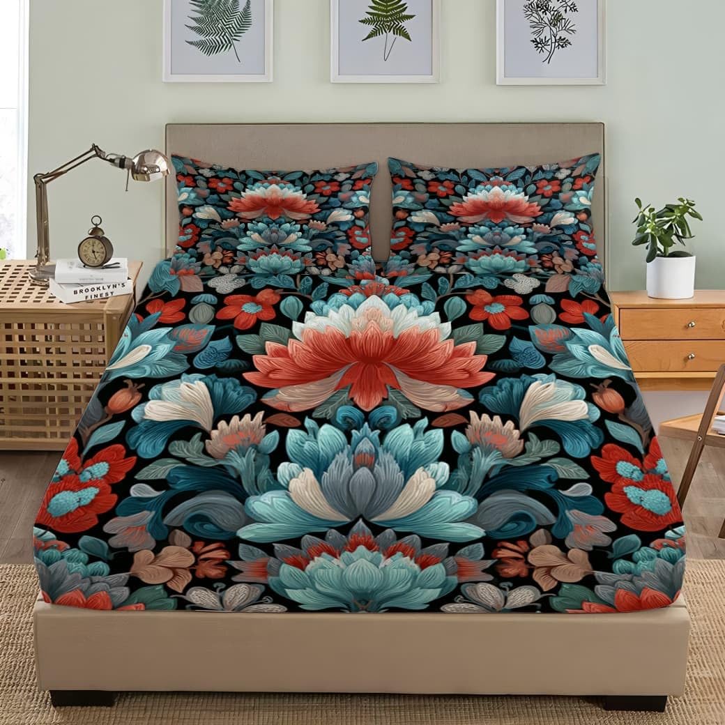 Sábana Bajera Ajustable Elástica 200x200 cm Tradicional Estampados Florales ArtíSticos Transpirable Suave Microfibra Juego de Ropa de Cama Multicolor Bolsillo Profundo 30 cm, Protector de Colchón