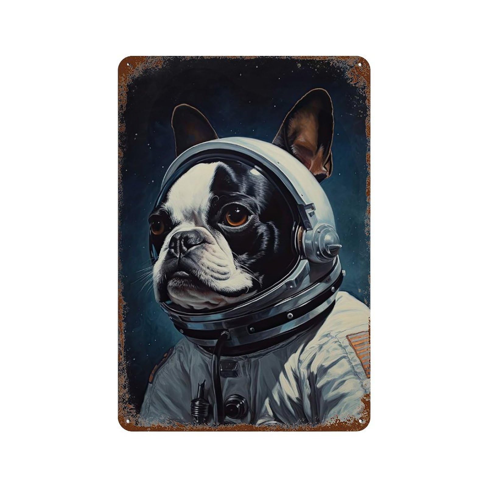 Aged Metal Wall Plaque with Boston Terrier Astronaut Design 11.8"x7.9", for Pub, Kitchen And Man Cave Decor, Shabby Chic Decor
