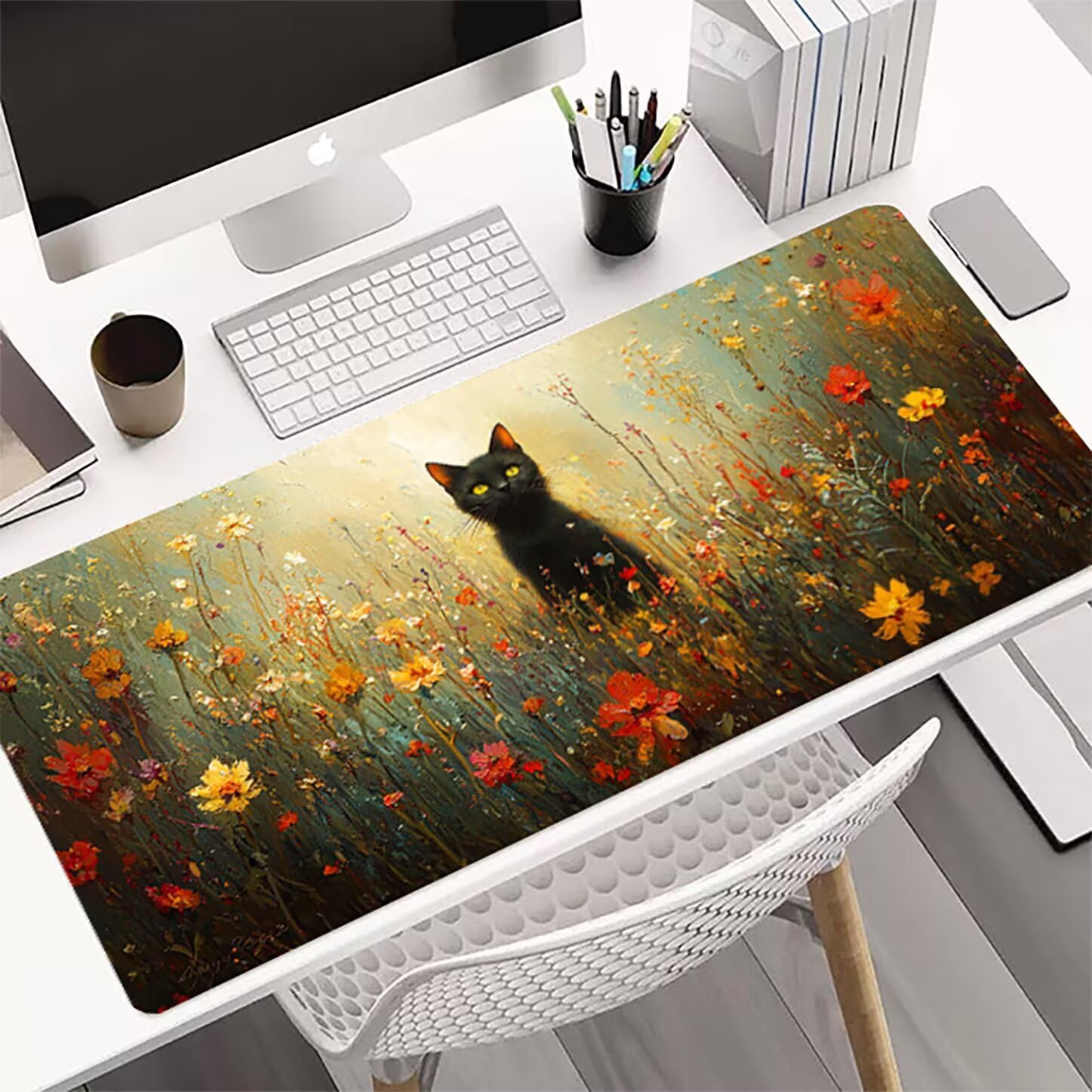 Lpfieonn Blume Großes Schreibtischunterlage, XXL Schreibtischunterlagen, Katze XXL Wasserdicht Gaming Mousepad mit Vernähter Rand und Rutschfeste Gummibasis, für Laptop/Hause/Büro 120x60cm PF-2077