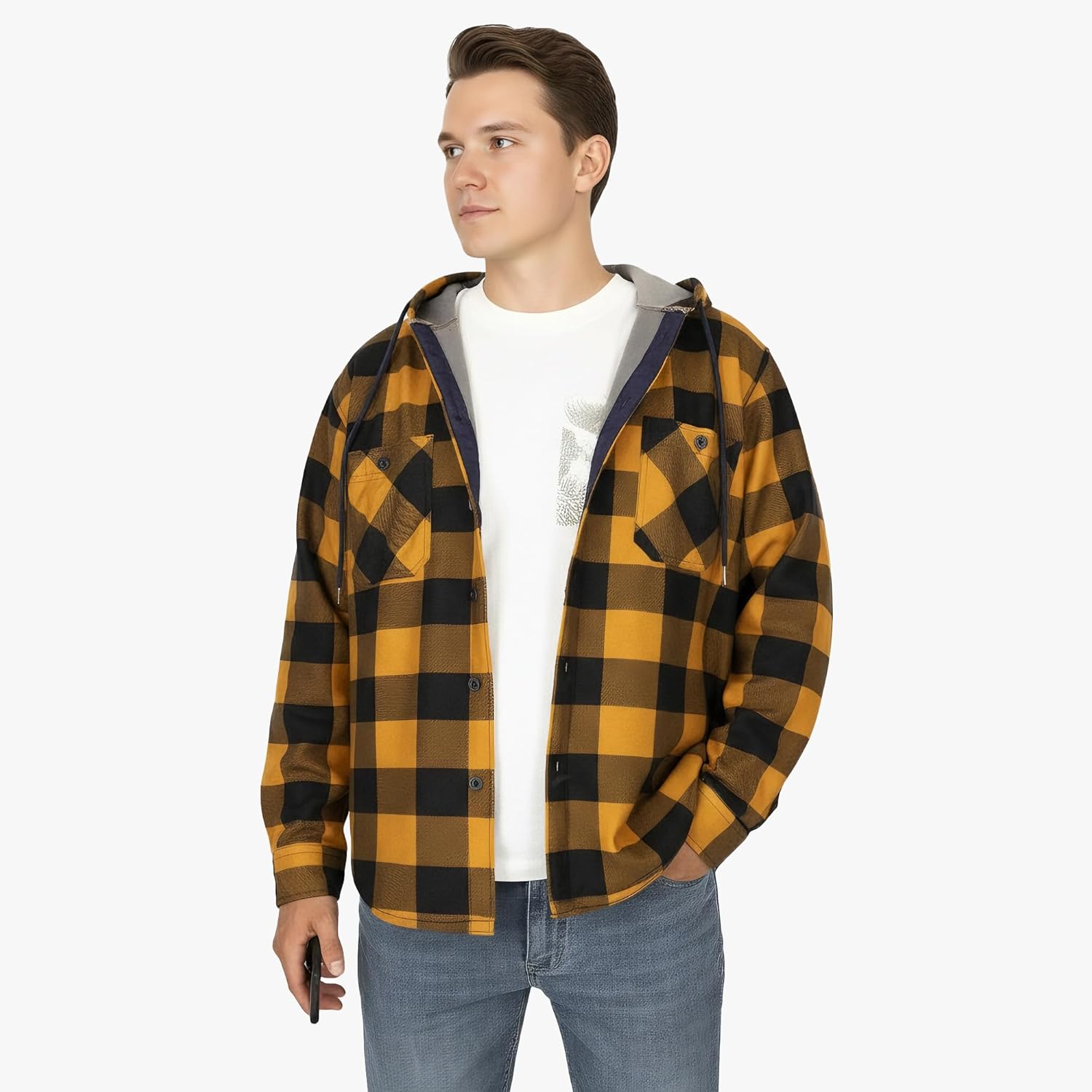 WHCPCYO Men's Flannel Hoodie Shirts Casual Button Down Plaid Shirt Jackets for Men Long Sleeve Stylish with Hat - Image 3