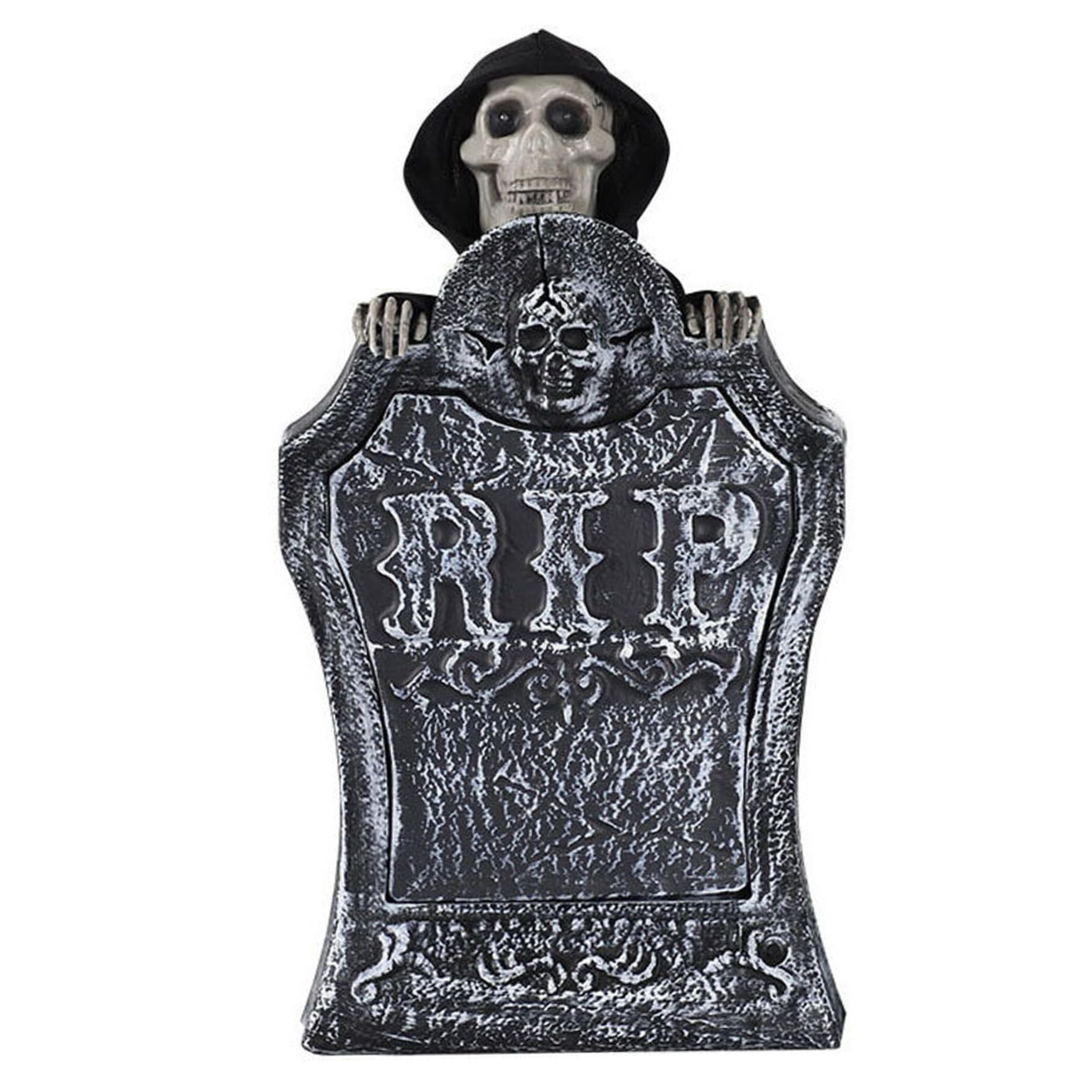 Goutdori Halloween Tombstone Light Up Scary, Red Eyes Raising Skull Voice Activated Animatronic for Haunted House Decor