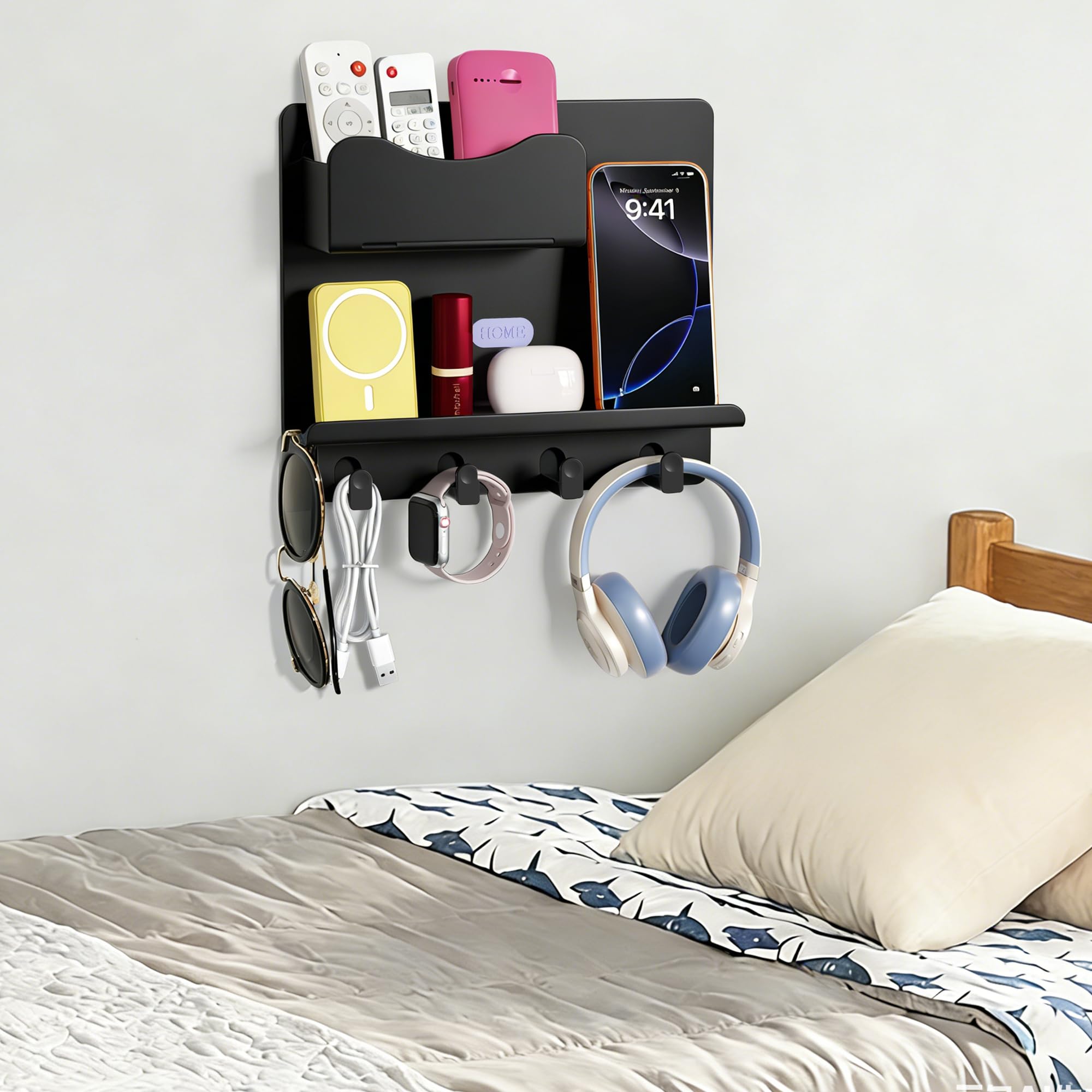 Floating Shelves for Bedside Shelf Accessories Organizer, Wall Mount Self Stick On, Cute Room Decor Aesthetic, Girls Room Decor, Cool Stuff For Bedroom Storage And Organization, Bedside Wall Organizer: New Style-Black
