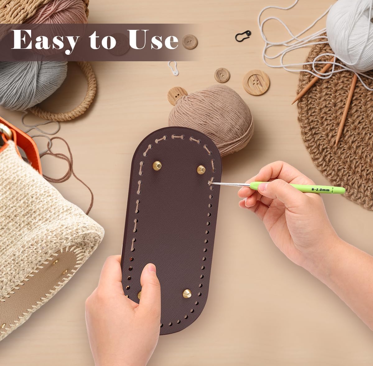 Coitak 4+8 PCS Bag Bases for Crochet with D Shape Purse Handles for Bag Making, 2 PCS Crochet Hooks, 4 Colors Leather Purse Bottoms for Crocheting DIY - Image 6