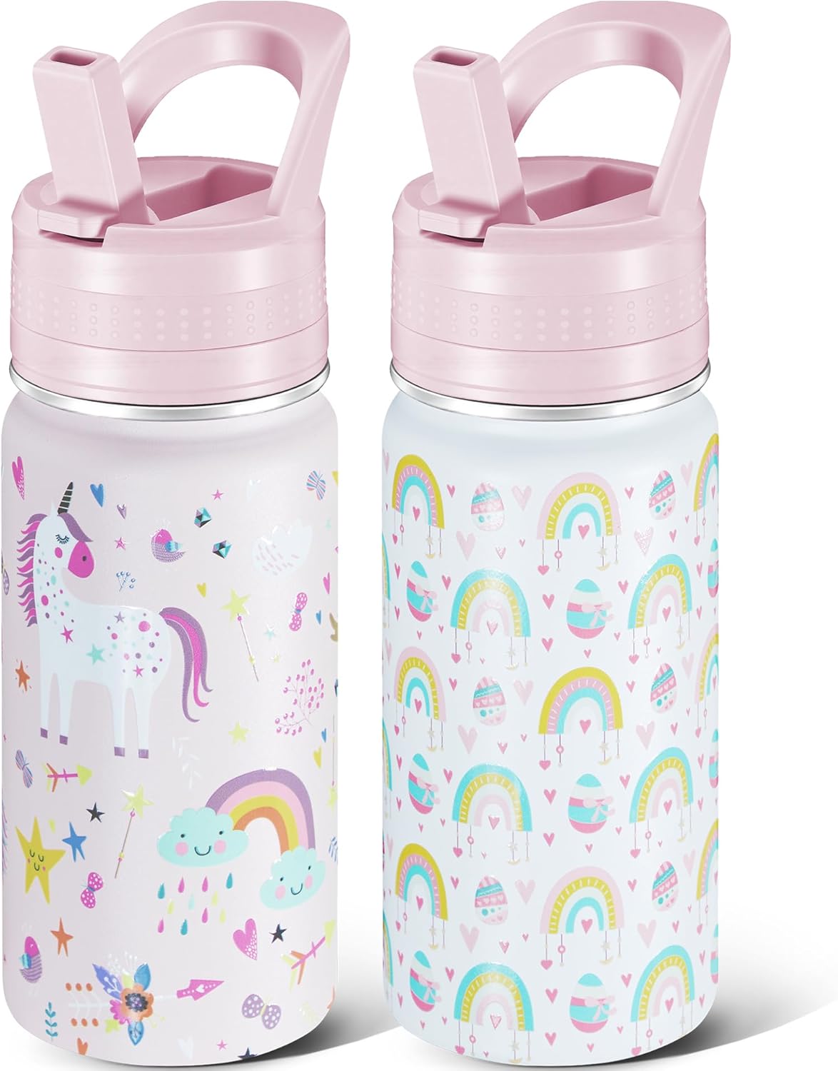 2 Pack Kids Water Bottle,14oz Stainless Steel Insulated Water Tumbler Leak-Proof,School Water Mug,Small and Portable,Suitable for Boys and Girls to Use(White rainbow + Pink unicorn)