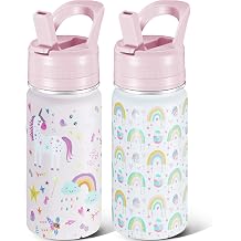 2 Pack Kids Water Bottle,14 Oz Stainless Steel Water Bottle with Straws, Leak-Proof, BPA-Free, Insulated Water Bottles for School Boys & Girls|White Rainbow + Pink Unicorn