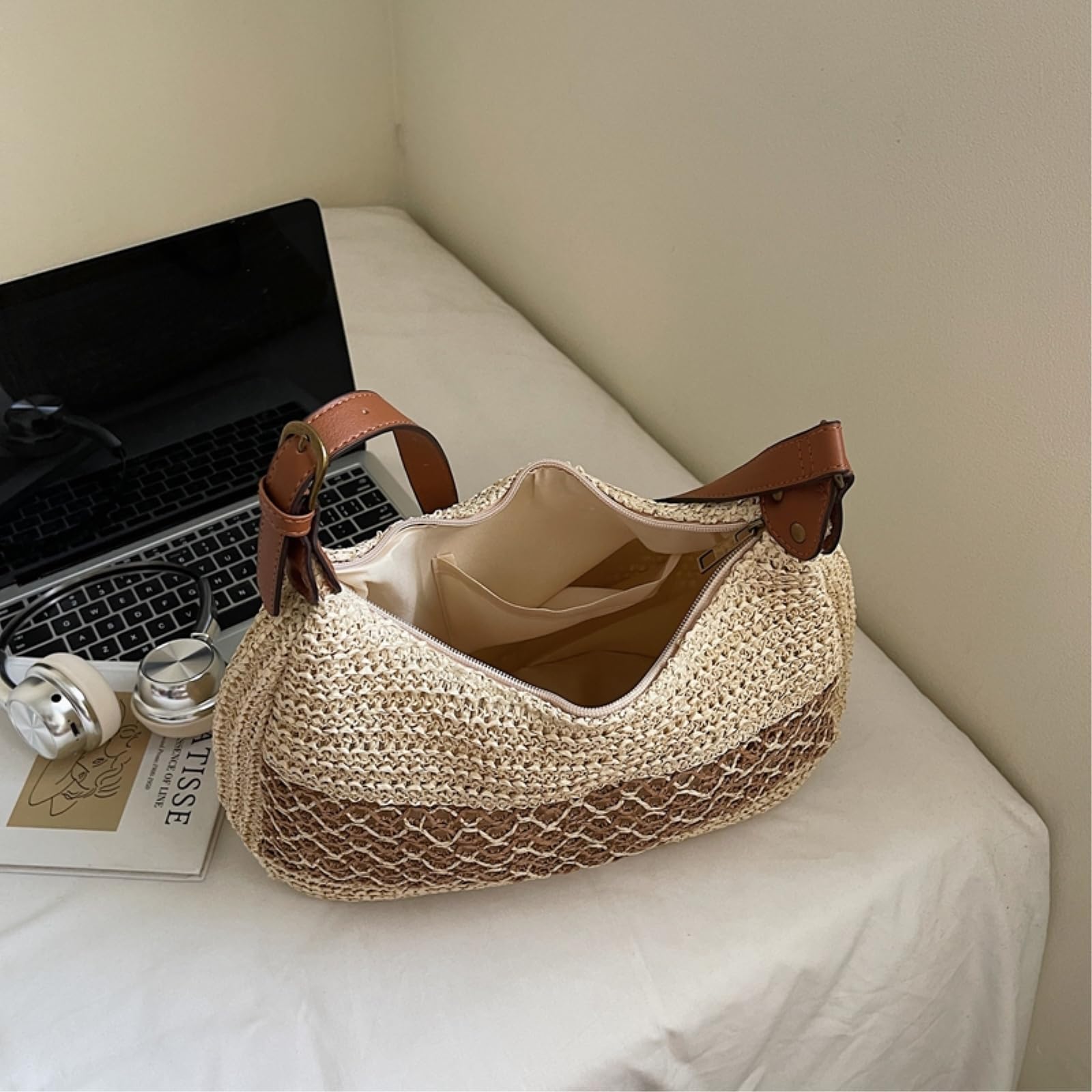 Borsa di Paglia Donna Grande capacità, Tessuto A Mano Rattan, Spalla Spiaggia Estiva, Crossbody Casual da Viaggio -Khaki