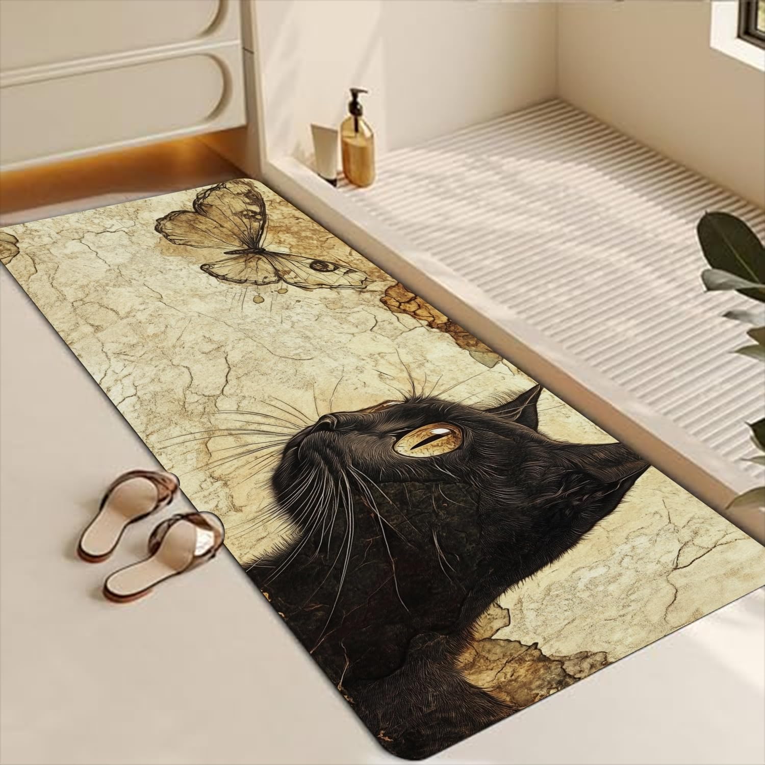 SHUVORGU Bathroom Runner Mat Rugs Long,Cat Butterfly Art Diatomite Stone Bath Mat Large Absorbent Diatomaceous Earth Mat Non Slip Fast Dry Shower Mat