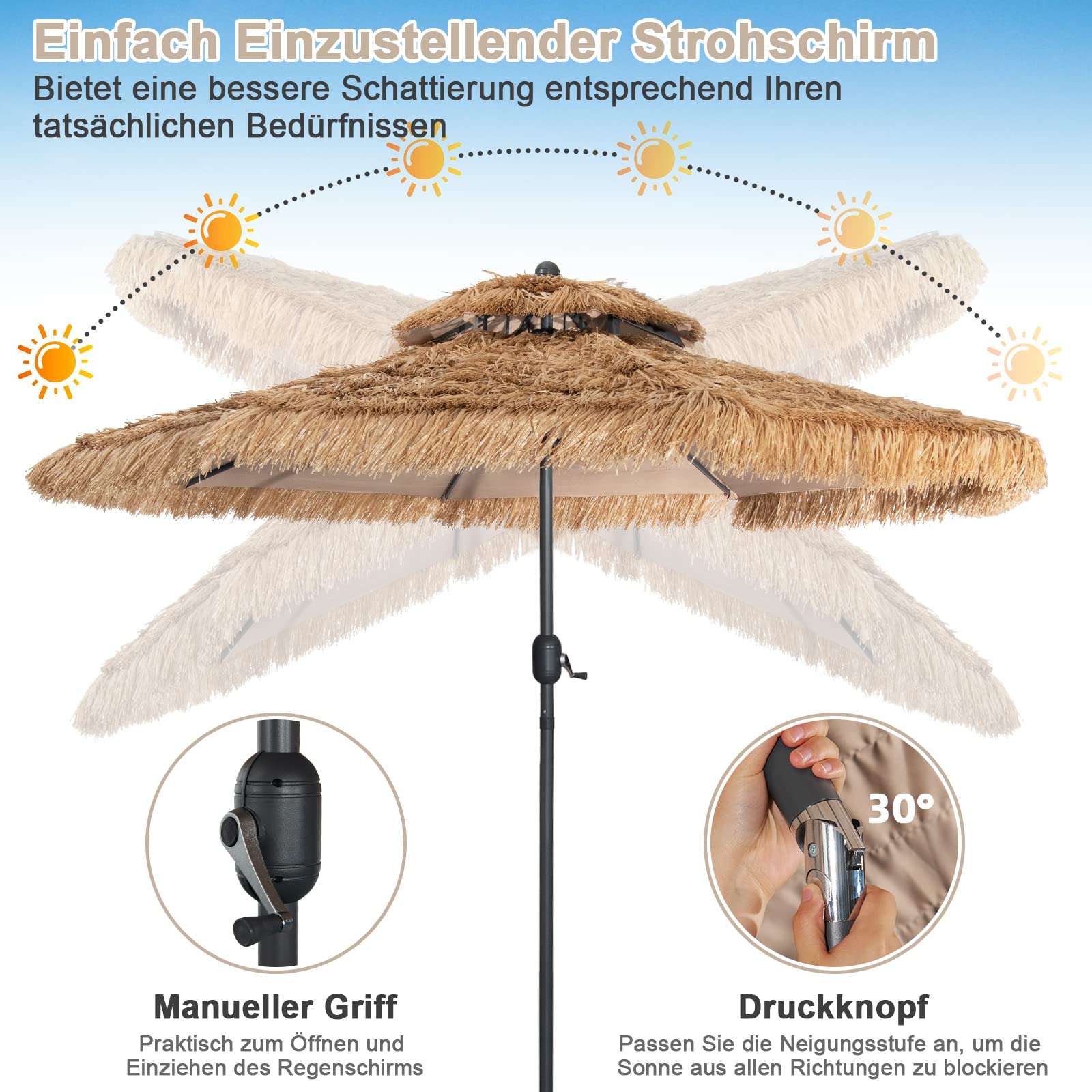 RELAX4LIFE Hawaii Sonnenschirm 300 cm, Reisstroh Strandschirm, Strohschirm mit Neigungsfunktion, Balkonschirm mit Doppeldach, Gartenschirm UV-beständig, Terrassenschirm für Garten & Strand