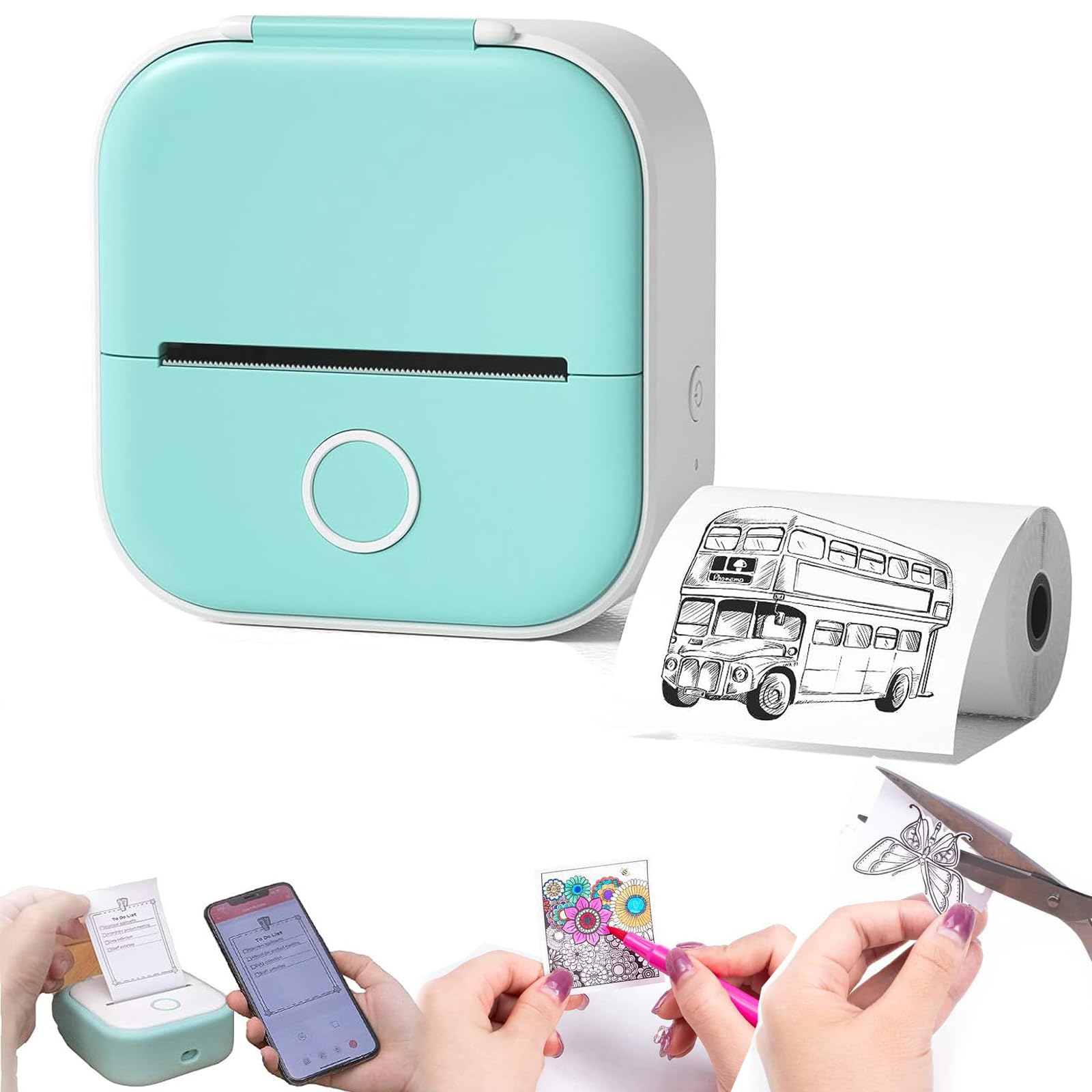 Doodle Dash Printer, Mini Pocket Printer, Mini Thermal Printer, Note Buddy Printer Doodle Dash, Bluetooth Inkless Pocket Sticker Printer, Portable Photo Printer Wireless Bluetooth (Green)