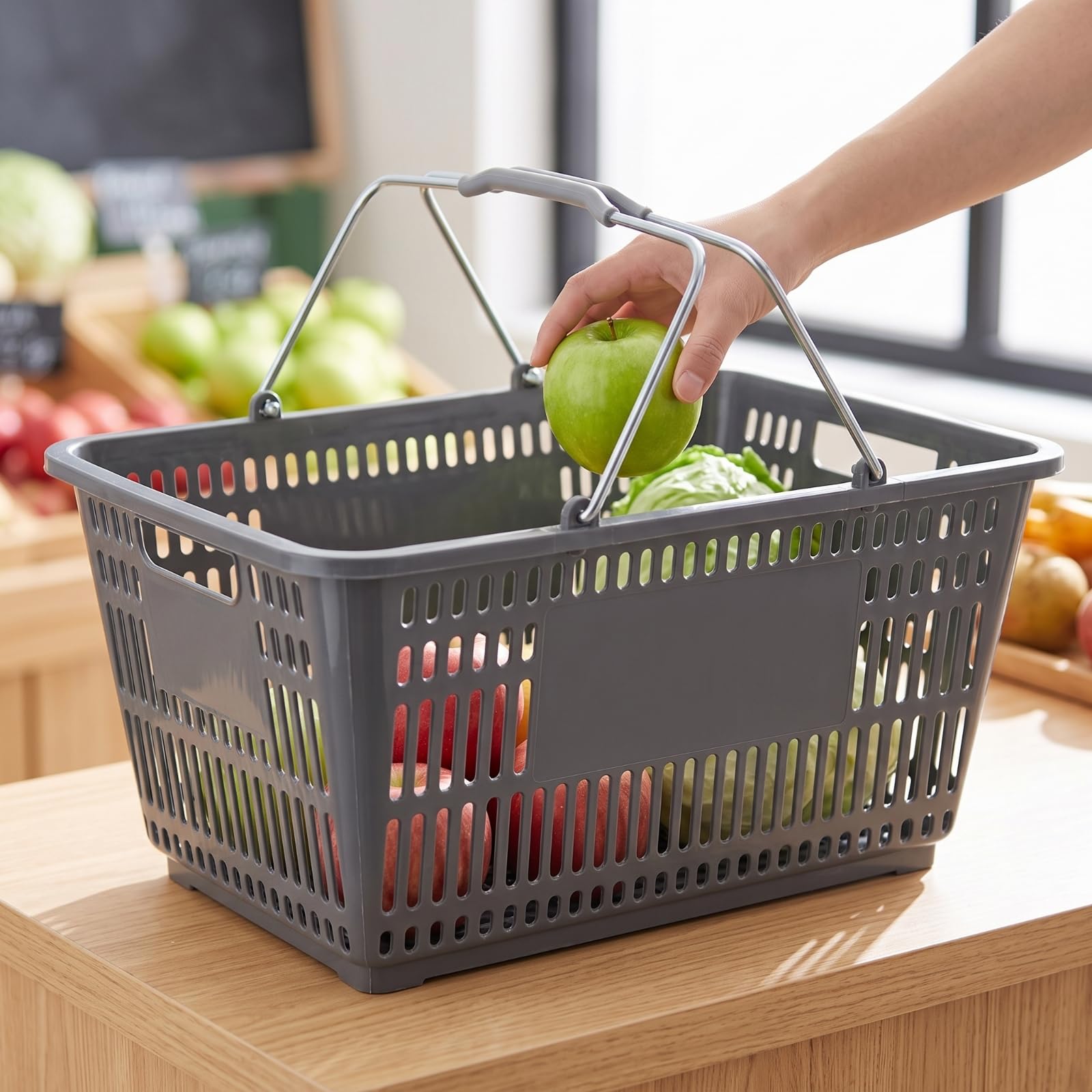 Supermarkt-Einkaufskorb Stapelbar Einkaufskorb mit Tragegriff Perforiert Plastikkorb mit Metallbügel für Einkauf, Küche, Grau, Groß