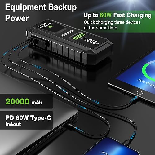 Miniatura 4 de Arrancador de coche, batería de arranque de pico de 4000 A con puerto de carga rápida de 60 W (hasta todo el motor de gas y diésel de 10 L), caja de