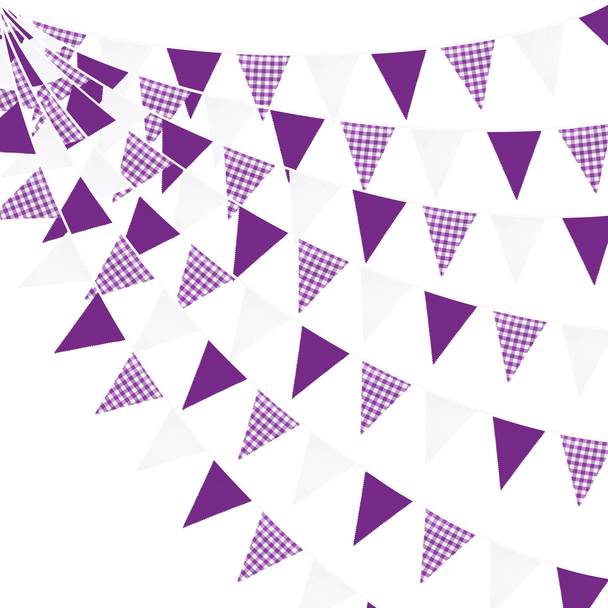 Violette Partydekorationen, violett-weiß karierte Wimpelkette mit Büffelkaromuster, Stoffgirlande für Hochzeiten, Geburtstag, Picknick, Grillfest, Outdoor, lavendelfarbene Meerjungfrauen-Party, 9,75 m