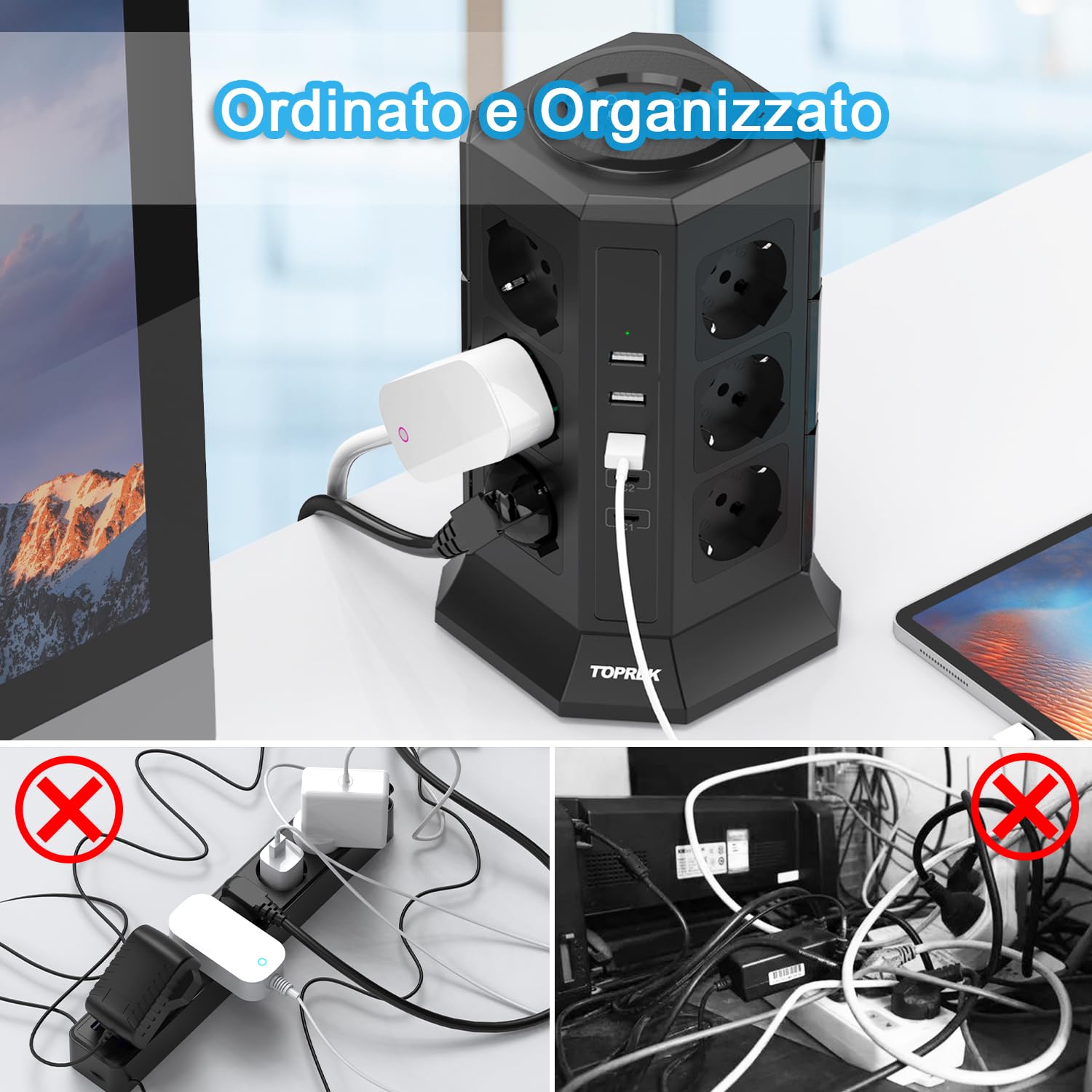 TOPREK Ciabatta Multipresa Verticale con 12 Prese Universali ITA 10/16A e Schuko e 2 USB C(20W PD3.0 Ricarica Rapida) e 3 USB A, Protezione Sovratensione, 4000W/16A, 2 Interruttore, 2M Cavo, Spina 16A
