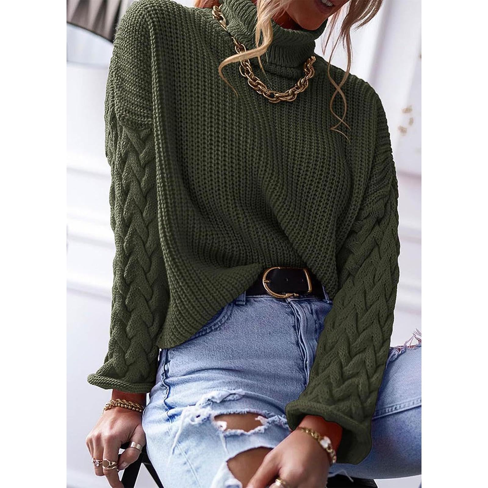 Greabuy Maglione lavorato a maglia a trecce a tinta unita da donna a maniche lunghe autunno inverno pullover felpa per donna maglione casual camicie da donna maglioni da donna felpe a maglia leggere,