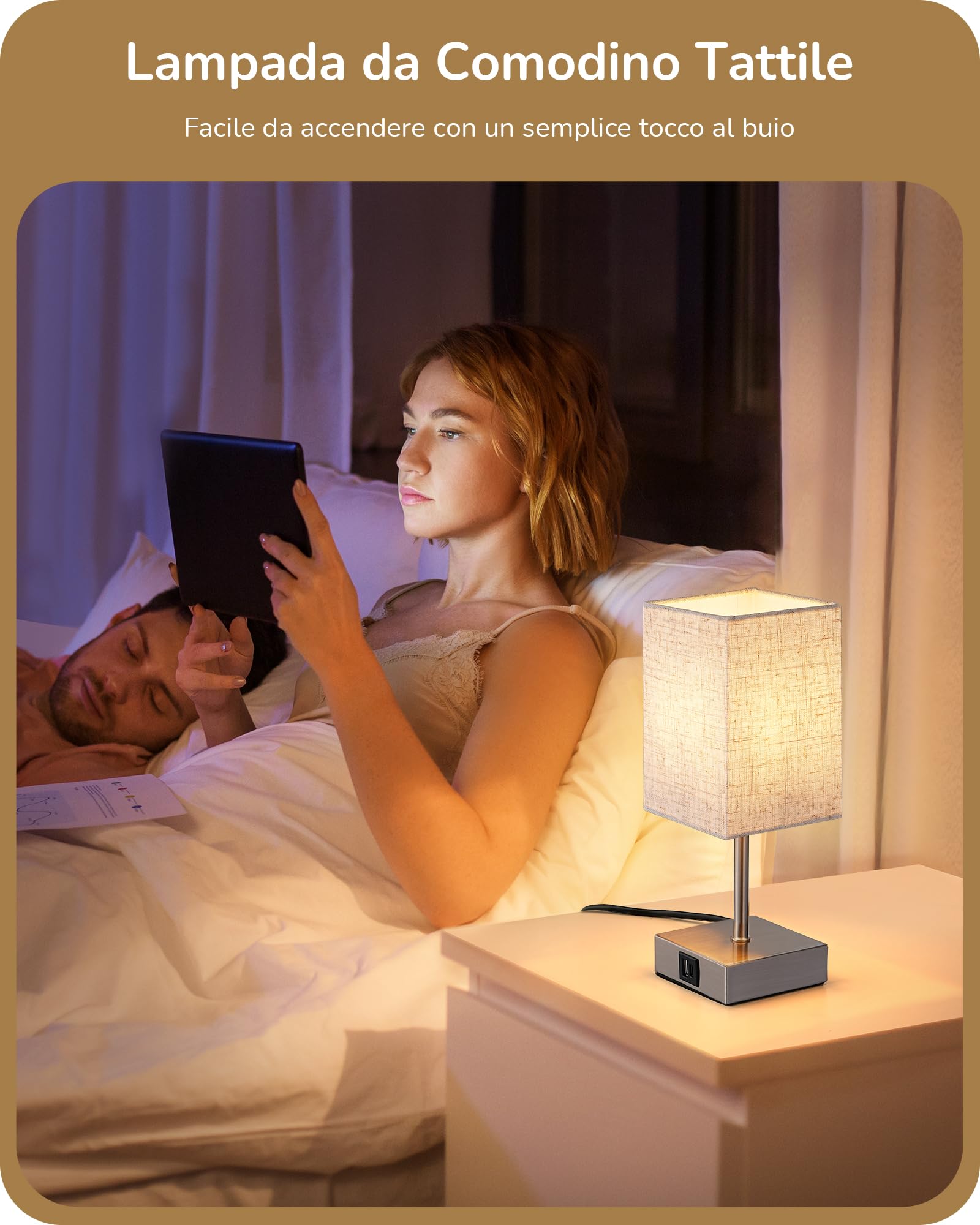 EDISHINE Lampada da comodino touch di 2, lampade da tavolo con porte di ricarica Type-C+USB-A, 3 luminosità dimmerabili, per camera da letto, soggiorno, davanzale, regalo, beige