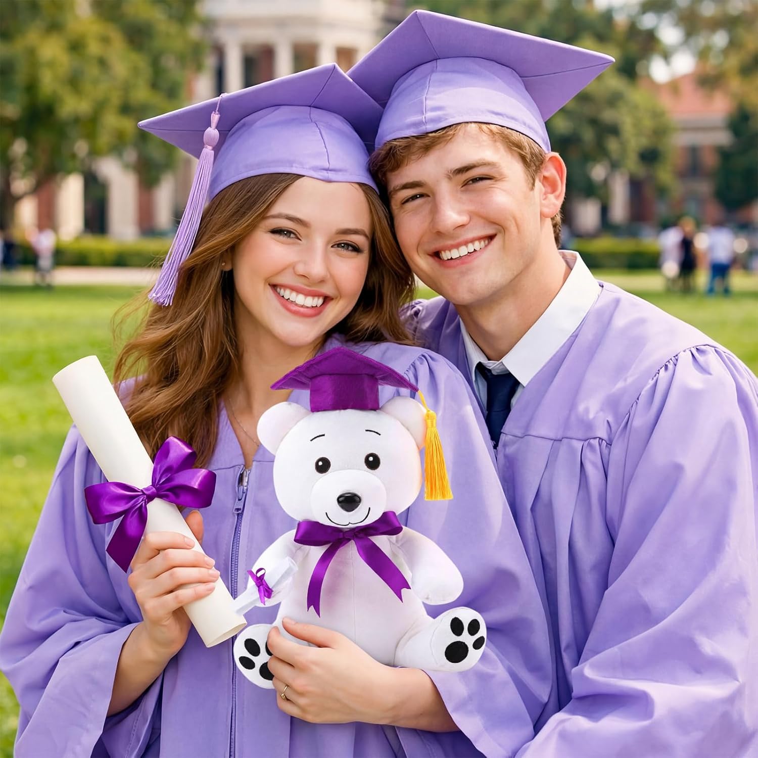 Zomiboo Graduation Bear Autograph Stuffed Animal 2026 Smooth Fabric Stuffed Bear Toy with Congrats Grad Plush Autograph with Marking Pen Gold Tassels for Graduate Student Party(Purple)