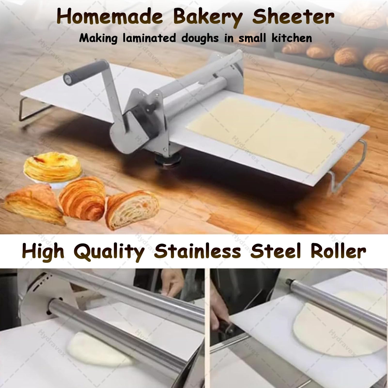 Gewerbliche Teigausroll- und Gebäckwalzenmaschine, manuelle Teigausrollmaschine mit Einstellbarer Dicke, kompakte Teigausrollmaschine für Croissants, Kuchen, Blätterteig