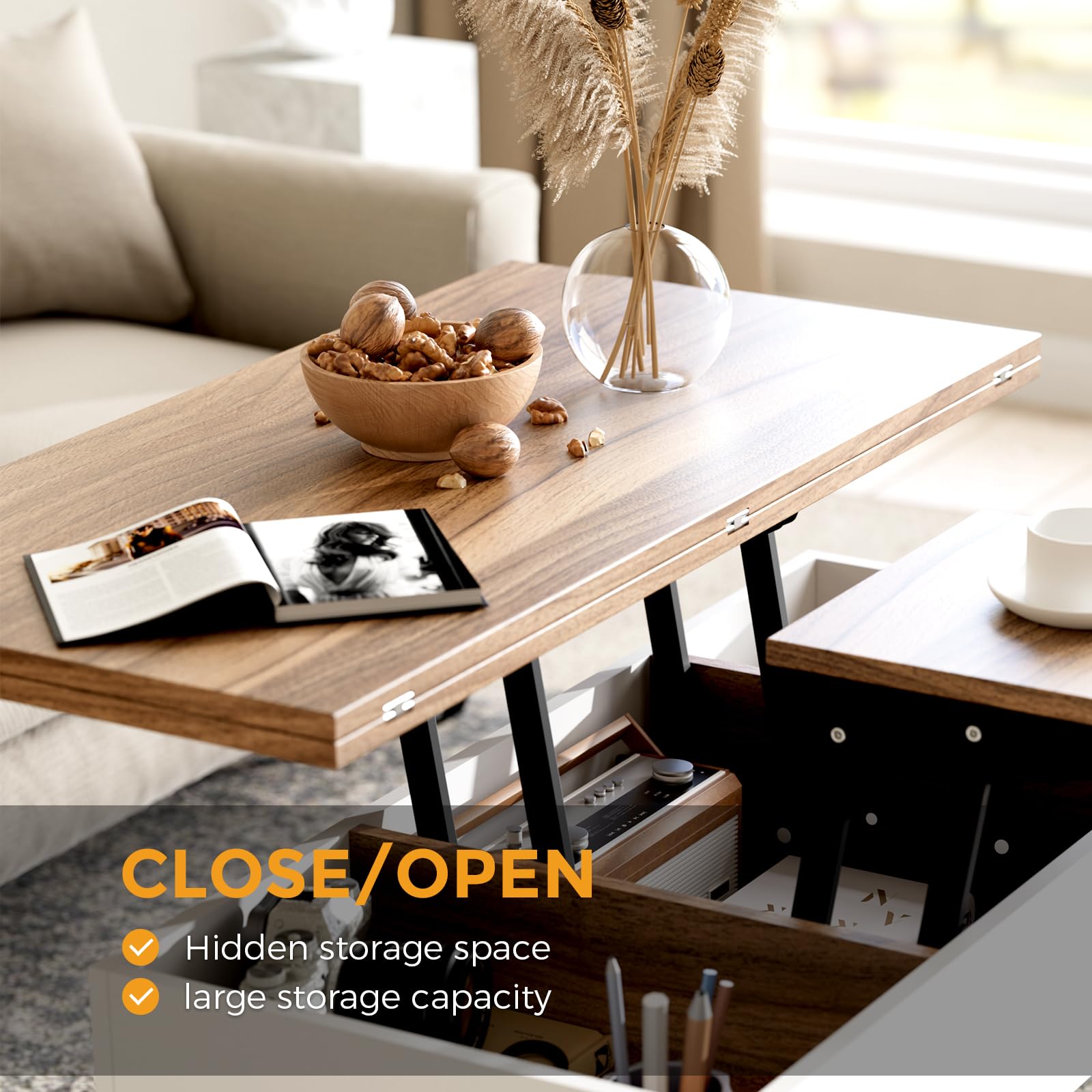 Bidiso Lift Top Coffee Table - Ten Minute Install Center Table with Hidden Storage, Rising Tabletop for Living Room, Rustic Brown