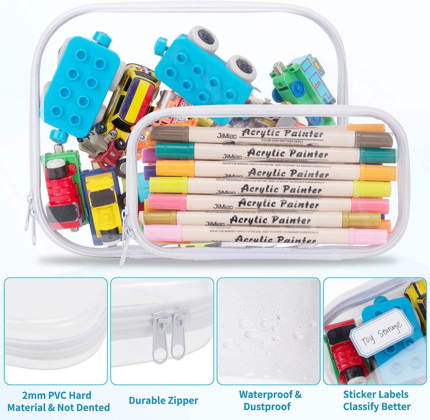 Toy Storage Organizer, 2pcs Clear Hard Shell Zipper Case Reusable for Toys, Puzzles Pieces, Building Blocks, Crafts (with 16pcs Labels and 4 Size Storage Bags)