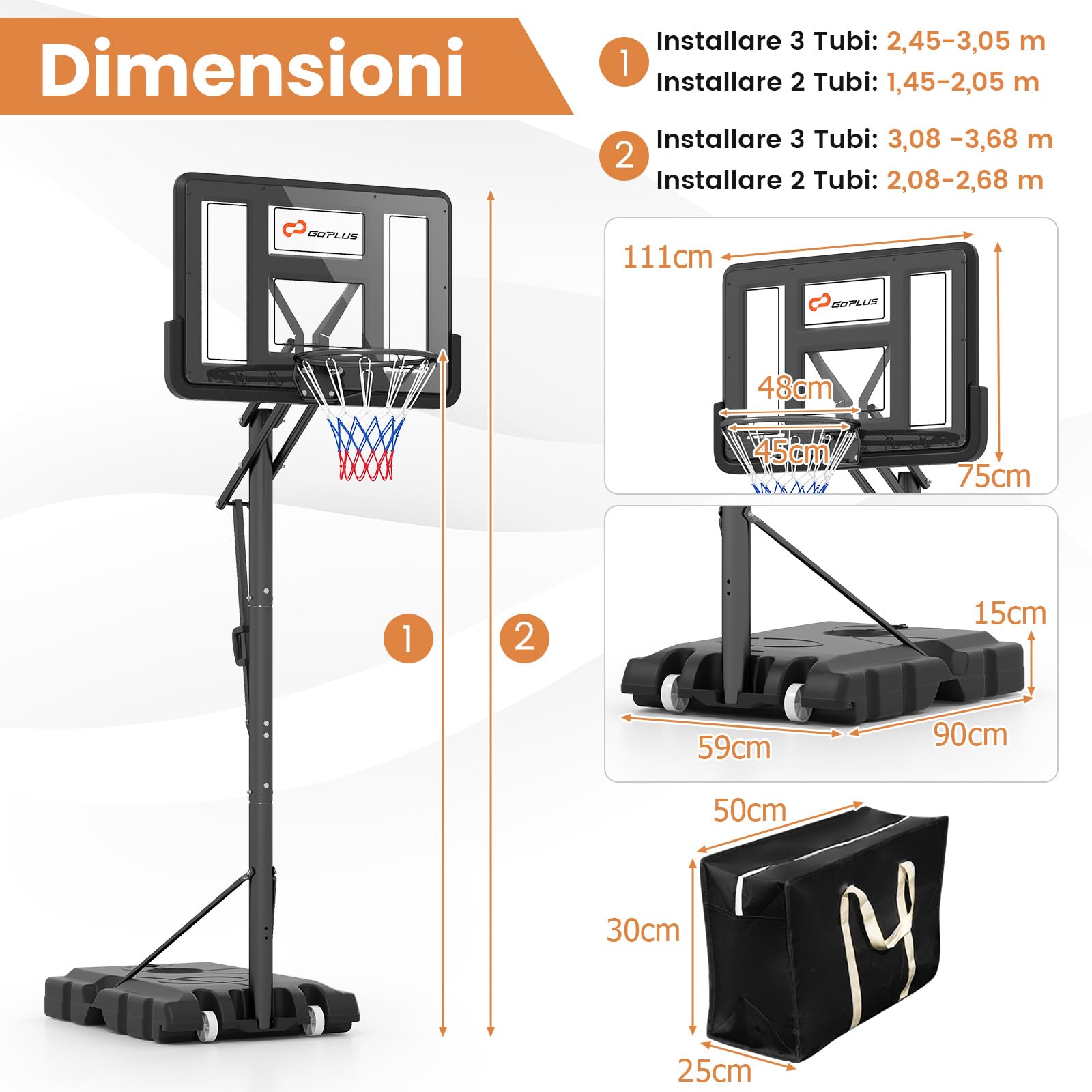 COSTWAY Canestro da Basket da Esterno, Canestro Basket Portatile e Regolabile in Altezza da 1,5 a 3 M con Tabellone in PC da 111 cm, Base Riempibile, Borsa per Pesi e Ruote