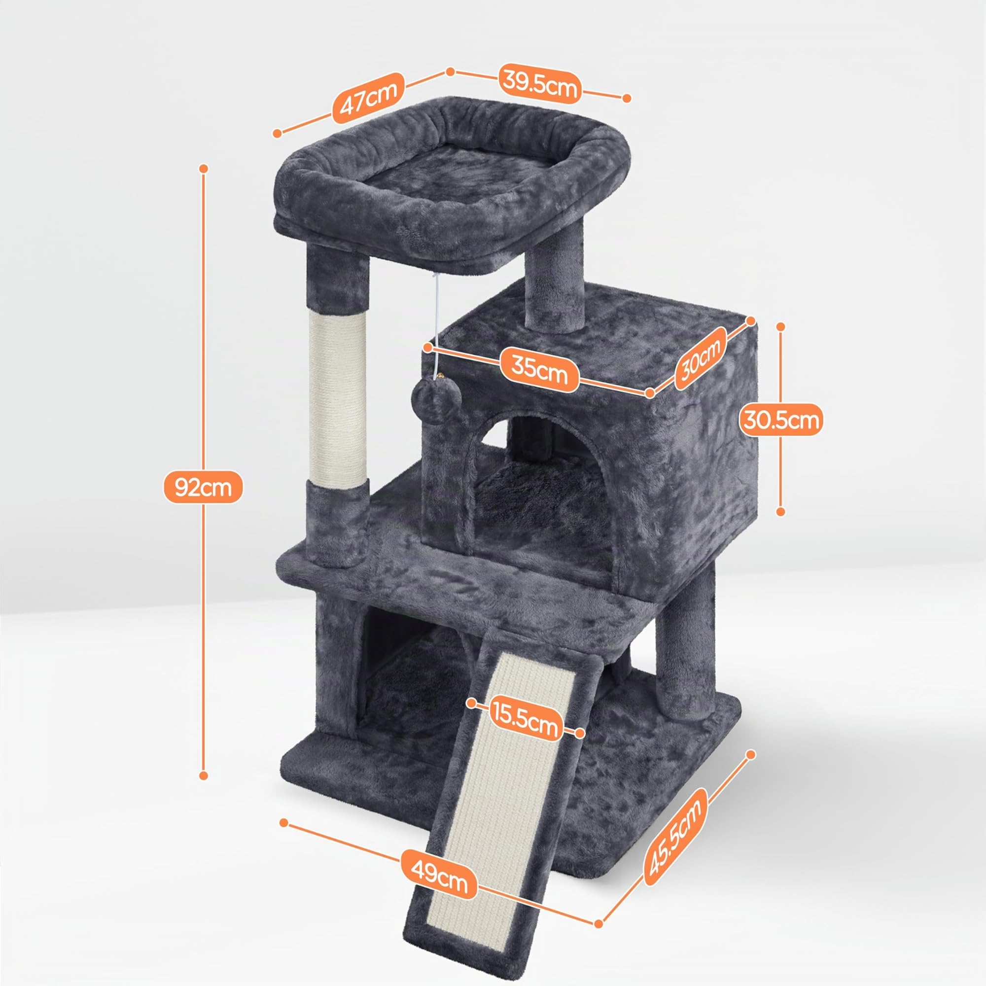 Yaheetech Arbre à Chat avec Griffoir et Poteaux en Sisal Centre d'activités 2 Niches 1 Boule de Peluche et 1 Platforme 49 x 45,5 x 91 cm Gris Foncé