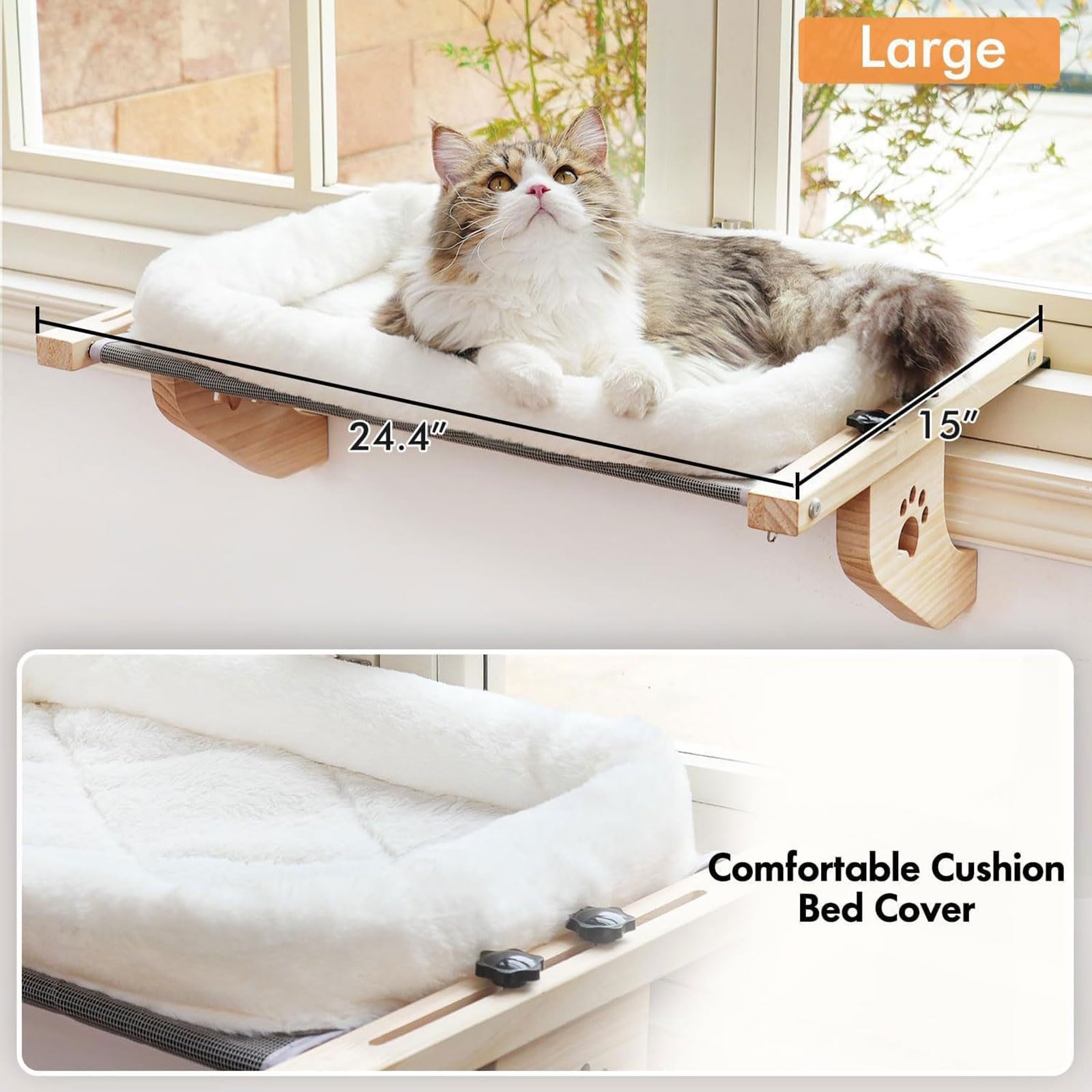 Amaca in peluche calda da appendere alla finestra del letto con copertura rimovibile in tessuto lavabile in legno e struttura in metallo salvaspazio per gatti