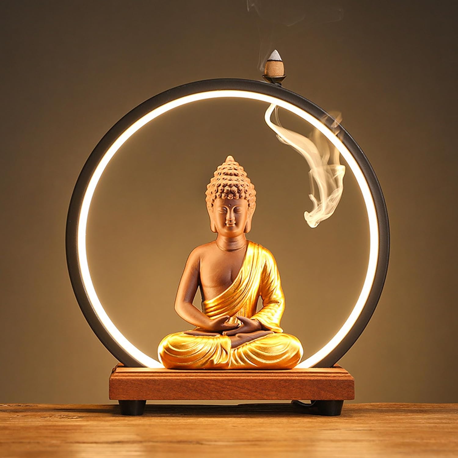 Zen Buddha Statue with LED Round Table Lamp | Aroma Yoga Garden Decor | Patio Lawn Decor Meditation Statue - Tranquil Home Decor (Golden)