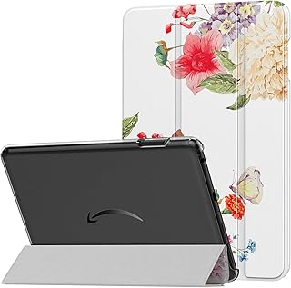 MoKo Case Fits All-New Amazon Kindle Fire HD 8 & 8 Plus Tablet (12/10th Gen,2022/2020 Release),PU Leather Trifold Stand Cover with Translucent Frosted Backshell with Auto Wake/Sleep,Red & Yellow Peony