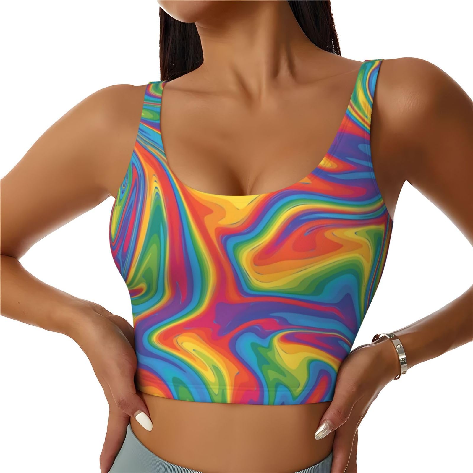 SMAZDFXX Colourful Tie Dye Sports Bras for Women Running Bra U-Neck Yoga Crop Tank Top Removable Workout Tops