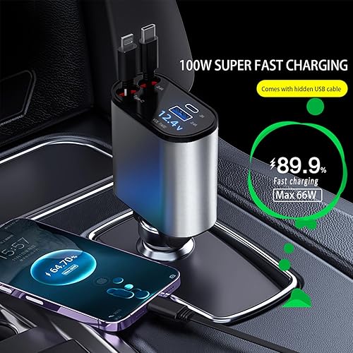 Miniatura 10 de Kwak's Cargador retráctil para automóvil, cargador de teléfono USB C de 100 W, carga rápida de doble puerto para automóvil compatible con iPhone