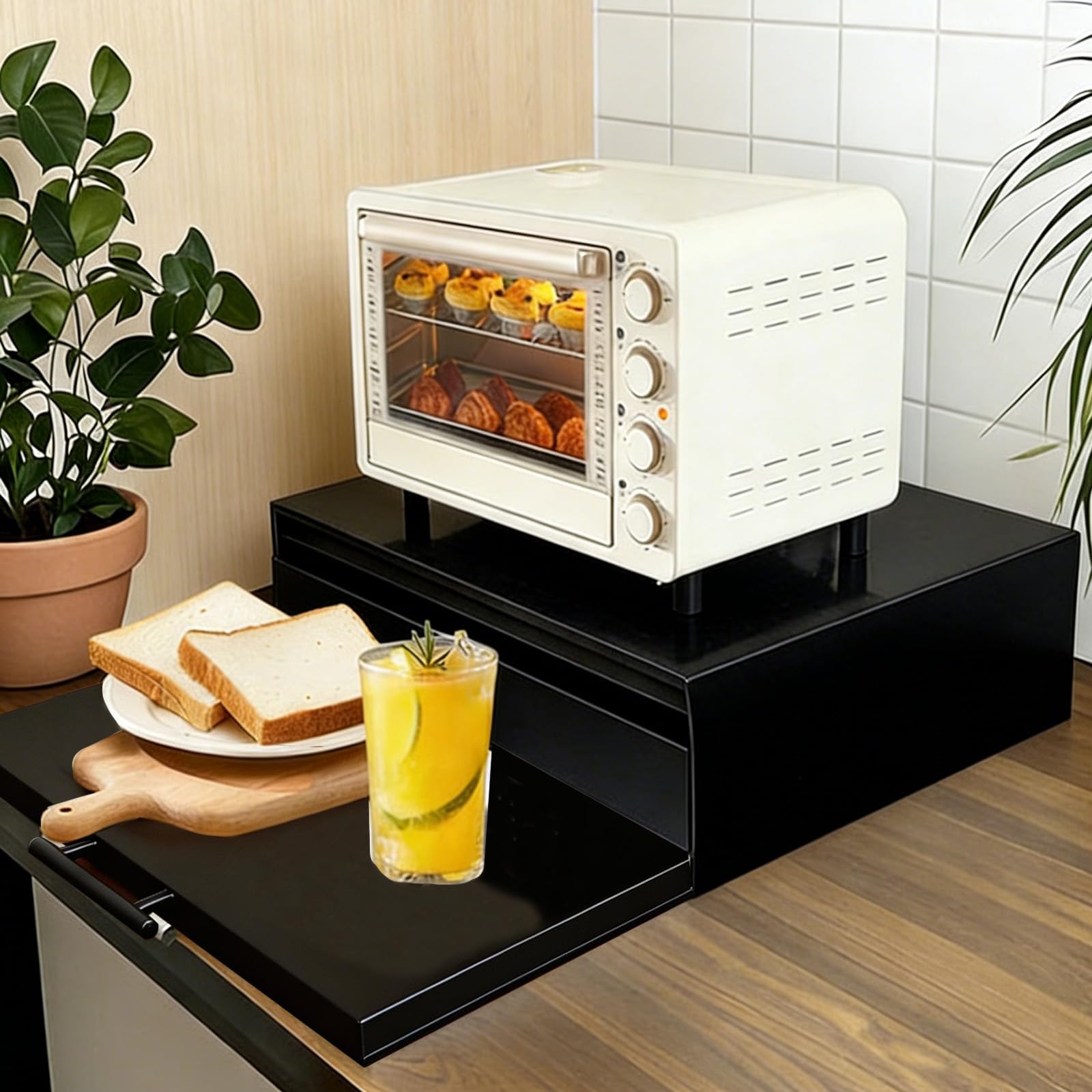 3-stöckiger Mikrowellen Regal mit Schublade, kompakter Mikrowellenhalter aus Kohlenstoffstahl Mikrowellenständer mit ausziehbarer Ablage, für Mikrowellen, Kaffeemaschinen